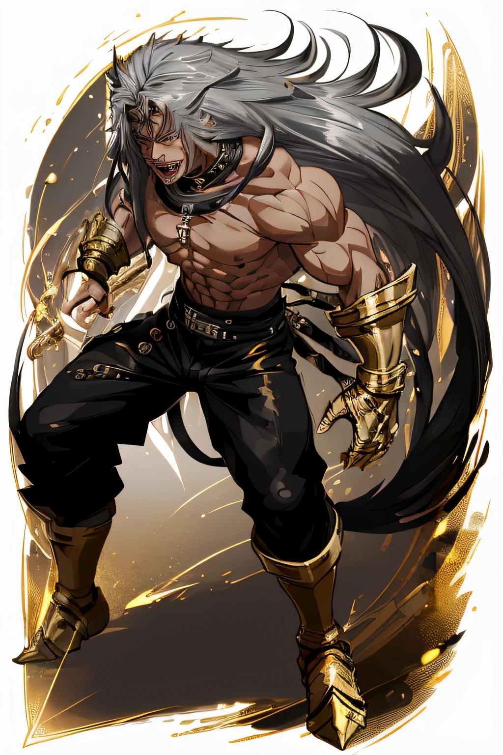 "Best quality, masterpiece, 1 boy with long white hair, white eyes, wearing a black beaded necklace, smug face, fangs, shirtless showing his muscles, adorned with a gold tiger gauntlet, walking pose, with an abstract background."