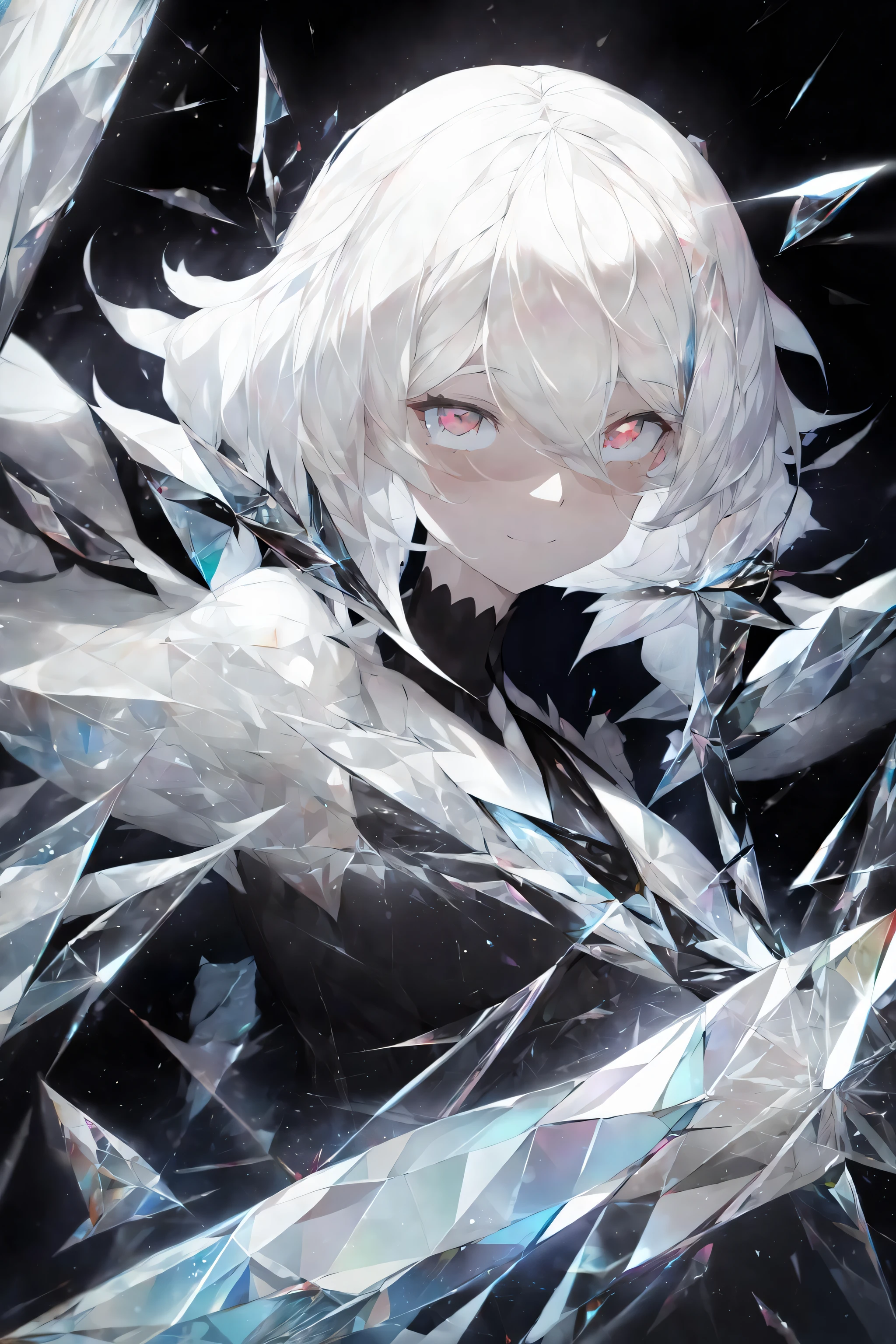 black background, spotlight, glare, diamond,
houseki no kuni, glass, girl, smile, colorful white bobhair, white eyes, upper body, white glass debris,