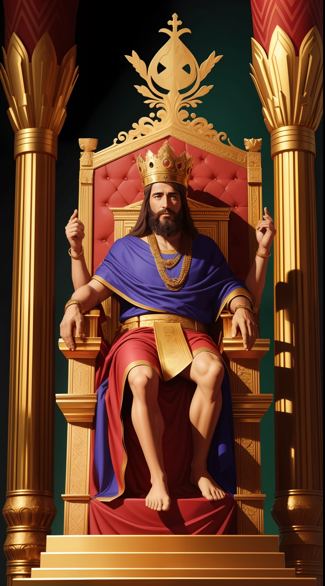 King Solomon on top of his throne, olhando pra frente ultra realista 4k o mesmo personagem da biblia 4.000 anos a.c