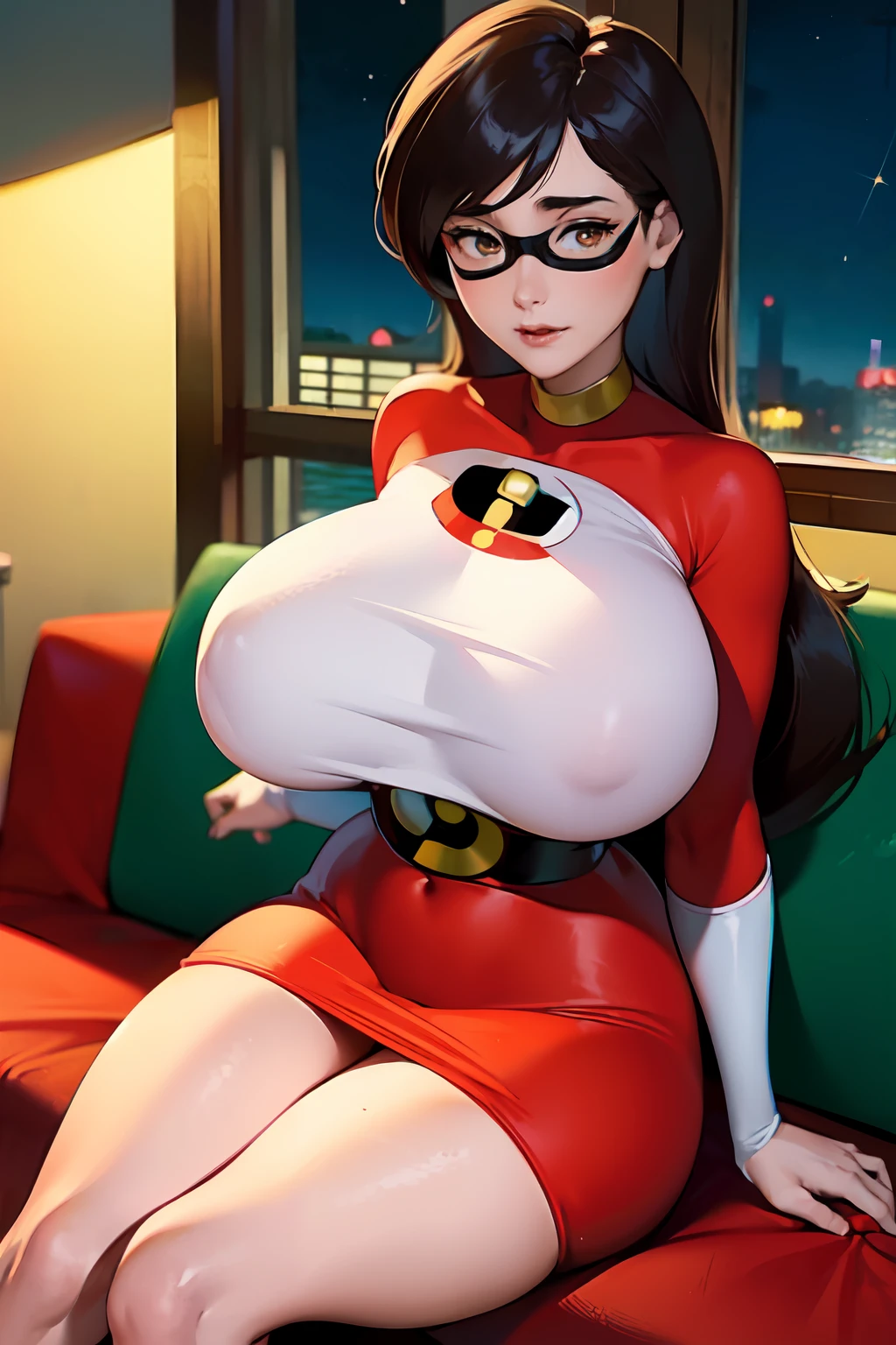 masterpiece, best quality, ultra high res, beautiful detailed hair detailed face, perfect feminine face, an anime drawing inspired by Torii Kiyonobu I, pixiv, (((attractive Helen Parr))), The Incredibles, ((gigantic breasts:1.5)), (huge cleavage), ((red evening gown)), (sitting down), cross-leg sitting on the couch, (night sky on windows), art by sakimichan, george kamitani, akira yasuda