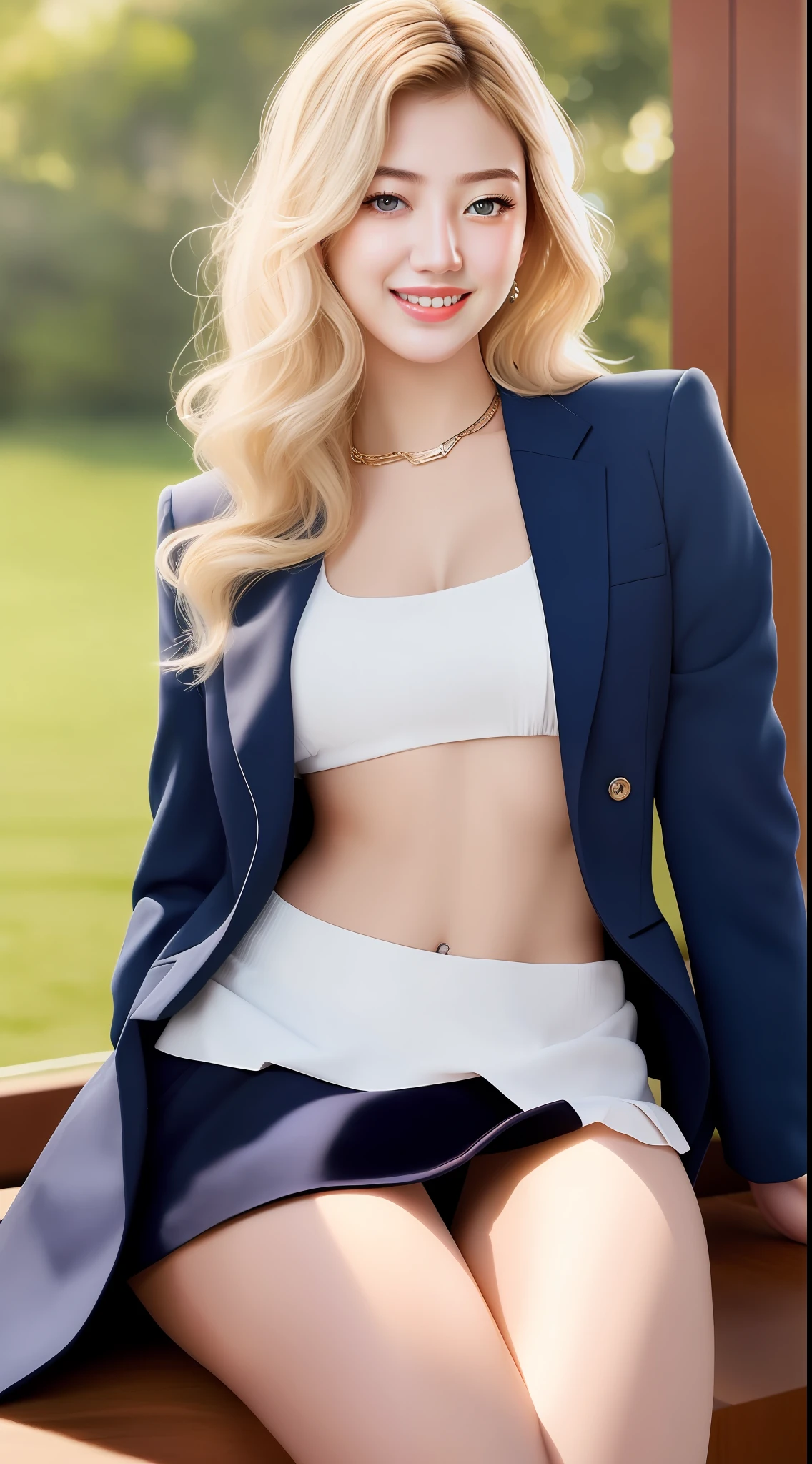 (hyperrealistic), (illustration), (high resolution), (8K), (extremely detailed), (best illustration), (beautiful detailed eyes), (best quality), (ultra-detailed), (masterpiece), (wallpaper), (detailed face), realistic skin, anatomically correct, solo, 1 girl, (wavy white hair:1.2), (beautiful Suzy:1.7), (beautiful cute JAV Idol:1.7), heterochromic eyes, (detailed blue eyes), small moles under the eyes, (light smile:1.1), (big breasts:1.2), navy formal blazer, white shirt, black mini skirt, long legs, tight abs, dynamic pose,
