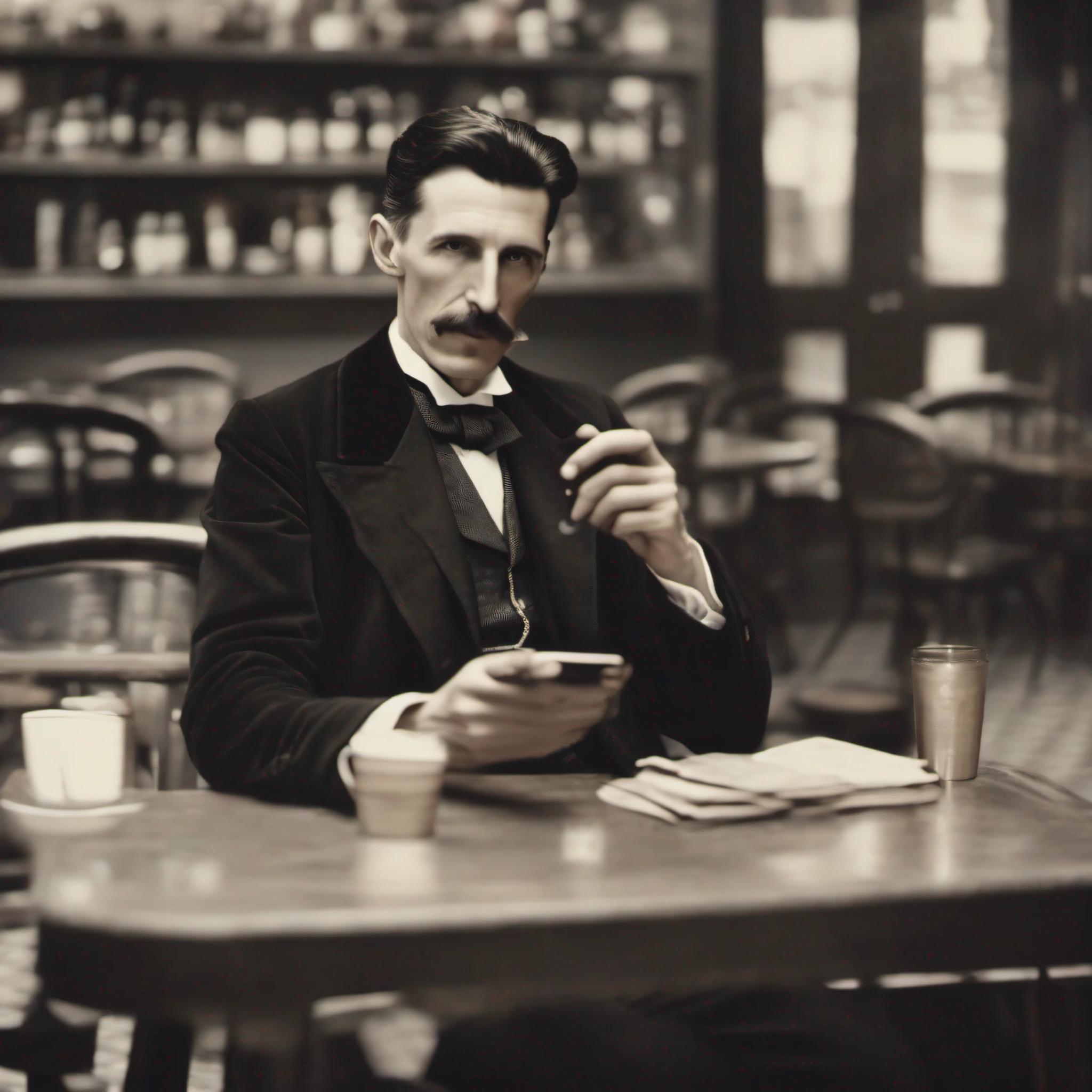 cinematic photo of genius Nikola Tesla sitting in a café holding a Smartphone. Roupas Pretas dos anos 1940. fotografia 35mm, foco nítido, Film, Bokeh, profissional, 4k, altamente detalhado