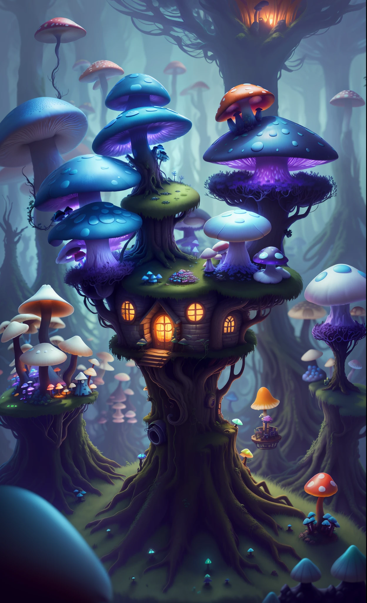 Close-up of a bunch of mushrooms in the forest, mushroom city, Mushroom forest, cyber mushroom city, mushroom house, forest made of mushrooms, mushroom trees, Stylized concept art, mushroom house, 3 d render stylized, Mushrooms are everywhere, Detailed digital 2D fantasy art, houses in the shape of mushrooms, magical fantasy 2 d concept art