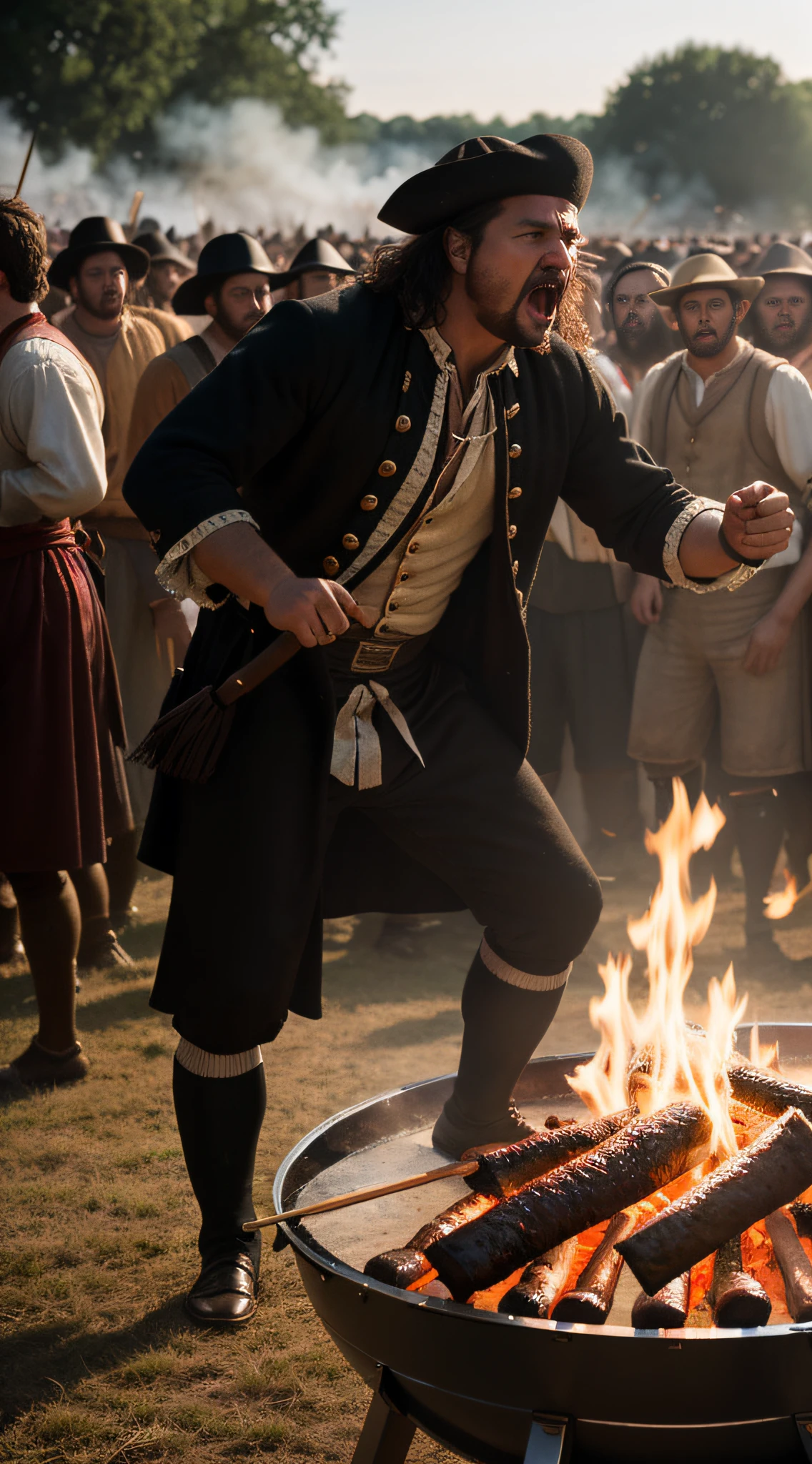 {A detailed portrayal of a small mob of angry people engaged in a barbecue, an event signifying the era of 1672.}, Realistic Style influenced by Greg Rutkowski, Canon EF 35mm Lens, Full Body Shot, (Hyperrealistic Details:1.16), (Soft Light:0.9), (4K Resolution:1.25), (Angry Mob:1.14)