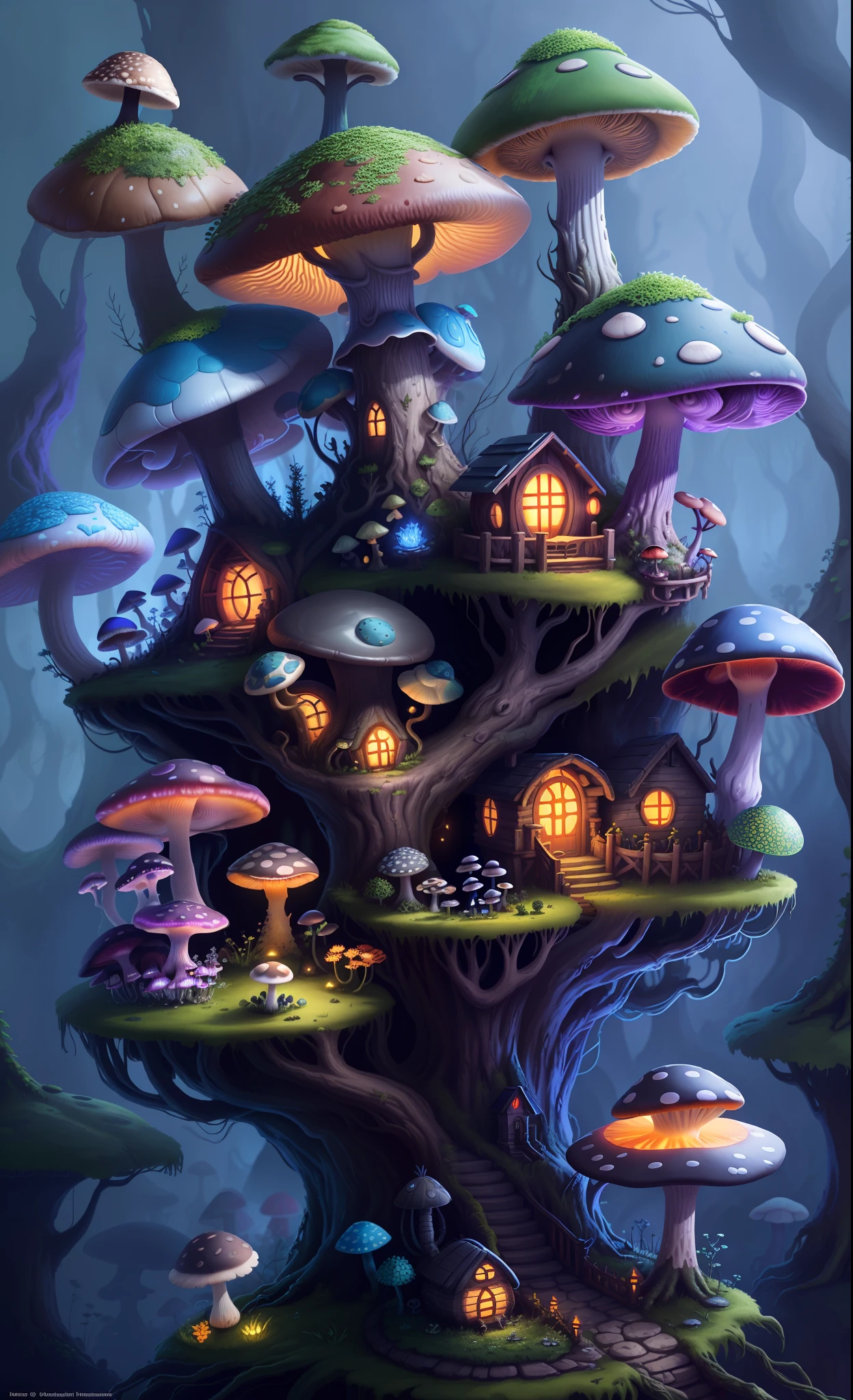 Close-up of a bunch of mushrooms in the forest, mushroom city, Mushroom forest, cyber mushroom city, mushroom house, forest made of mushrooms, mushroom trees, Stylized concept art, mushroom house, 3 d render stylized, Mushrooms are everywhere, Detailed digital 2D fantasy art, houses in the shape of mushrooms, magical fantasy 2 d concept art