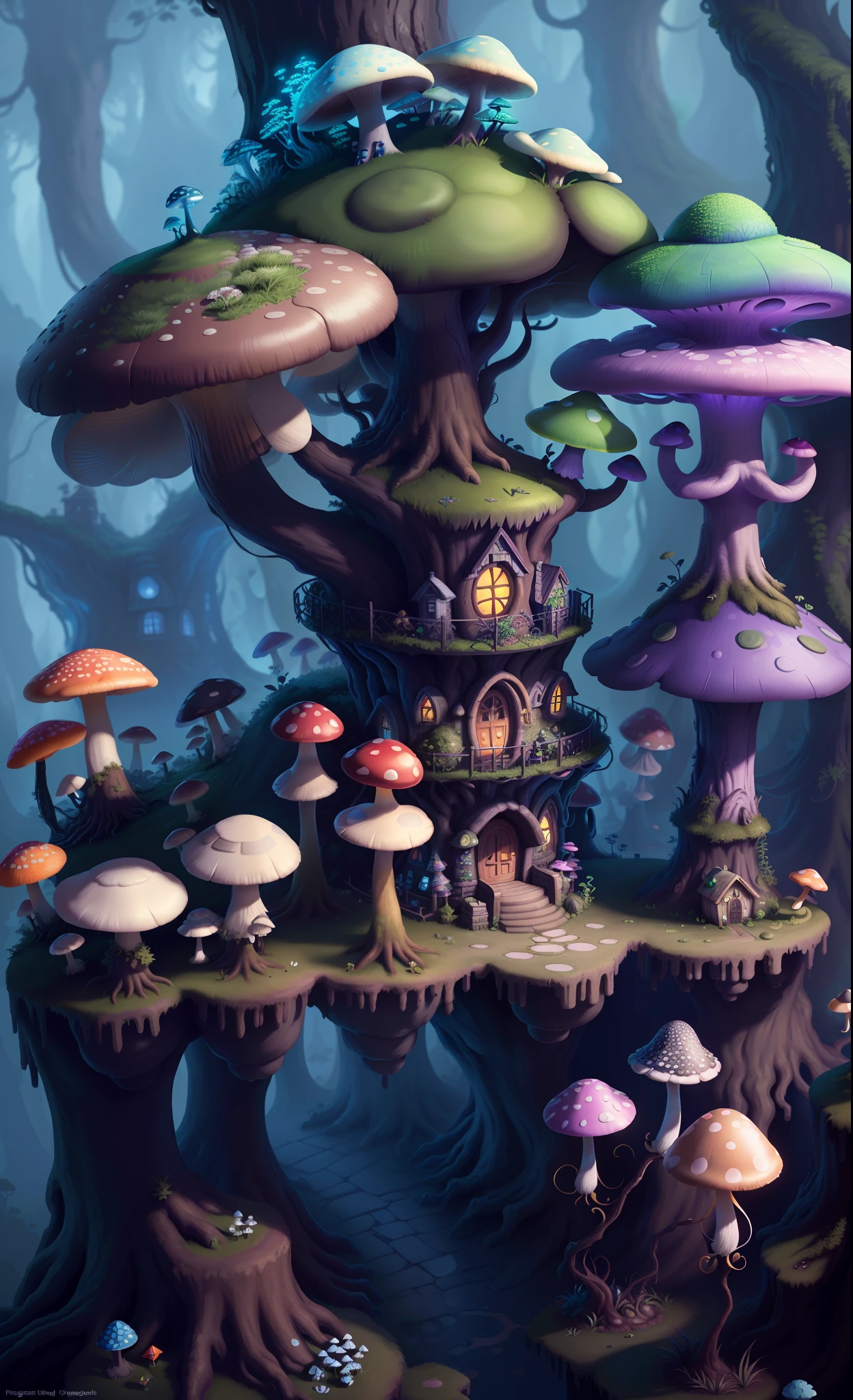 Close-up of a bunch of mushrooms in the forest, mushroom city, Mushroom forest, cyber mushroom city, mushroom house, forest made of mushrooms, mushroom trees, Stylized concept art, mushroom house, 3 d render stylized, Mushrooms are everywhere, Detailed digital 2D fantasy art, houses in the shape of mushrooms, magical fantasy 2 d concept art