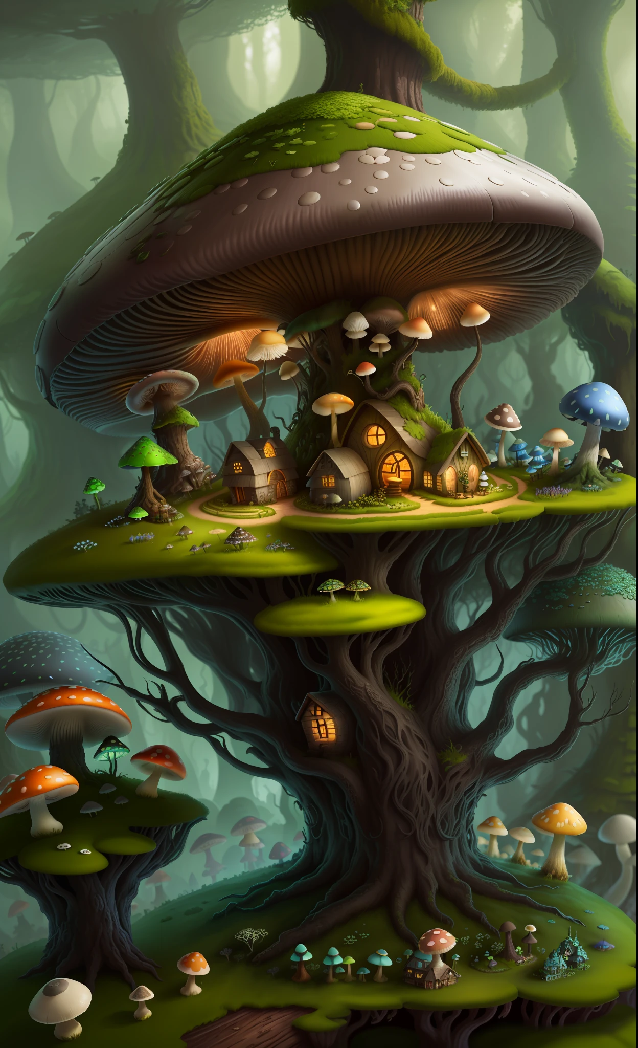 Close-up of a bunch of mushrooms in the forest, mushroom city, Mushroom forest, cyber mushroom city, mushroom house, forest made of mushrooms, mushroom trees, Stylized concept art, mushroom house, 3 d render stylized, Mushrooms are everywhere, Detailed digital 2D fantasy art, houses in the shape of mushrooms, magical fantasy 2 d concept art