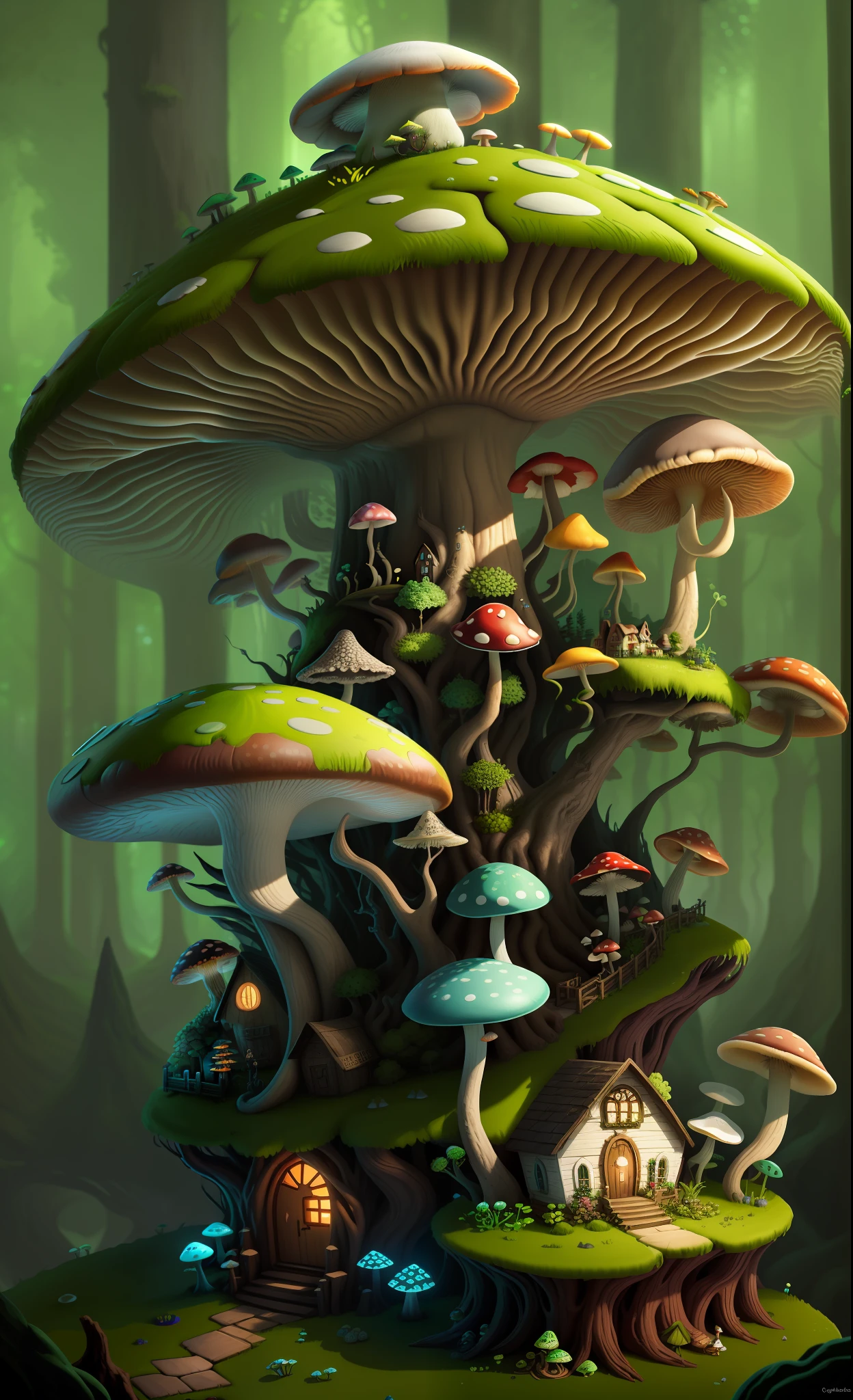 Close-up of a bunch of mushrooms in the forest, mushroom city, Mushroom forest, cyber mushroom city, mushroom house, forest made of mushrooms, mushroom trees, Stylized concept art, mushroom house, 3 d render stylized, Mushrooms are everywhere, Detailed digital 2D fantasy art, houses in the shape of mushrooms, magical fantasy 2 d concept art