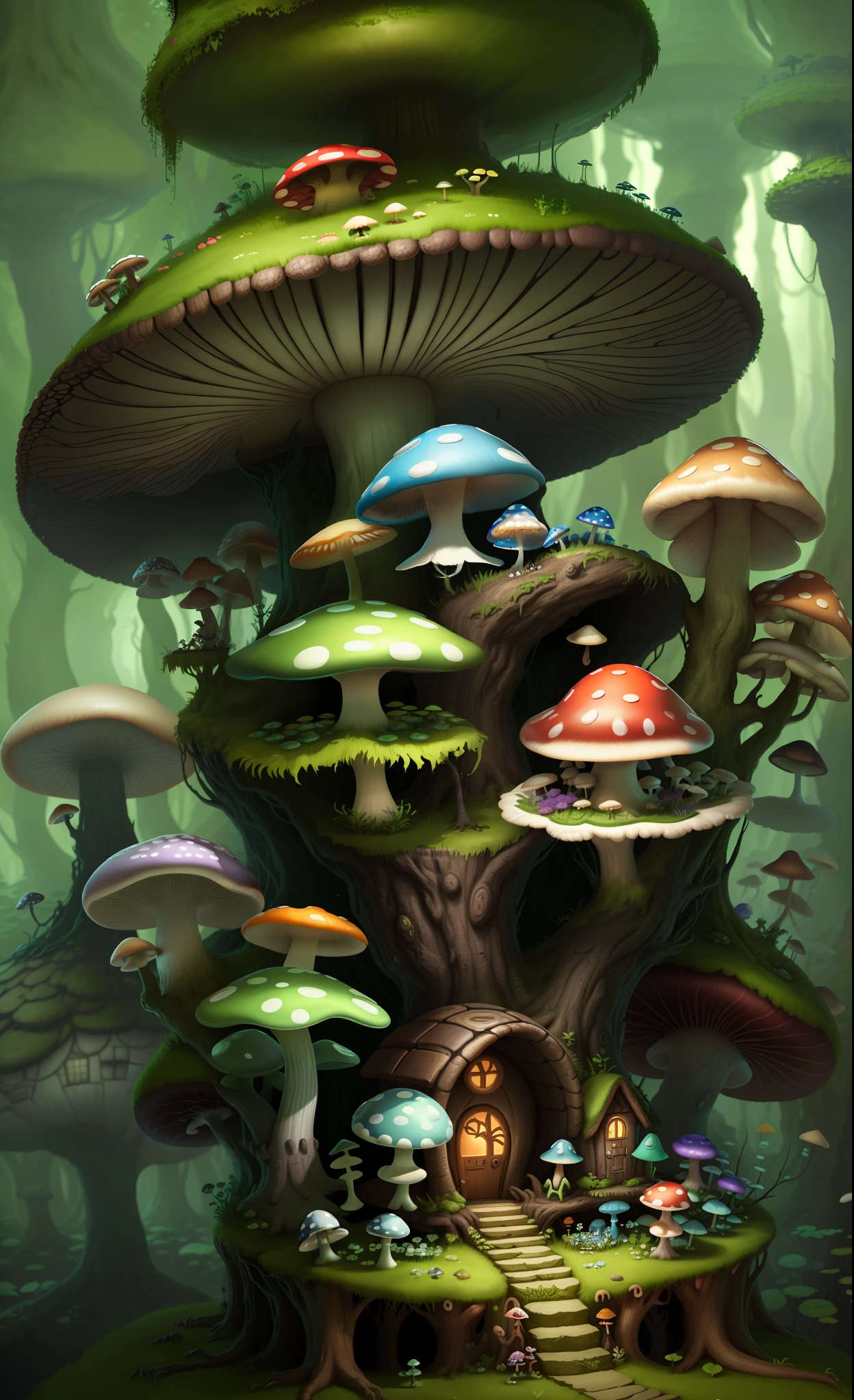 Close-up of a bunch of mushrooms in the forest, mushroom city, Mushroom forest, cyber mushroom city, mushroom house, forest made of mushrooms, mushroom trees, Stylized concept art, mushroom house, 3 d render stylized, Mushrooms are everywhere, Detailed digital 2D fantasy art, houses in the shape of mushrooms, magical fantasy 2 d concept art