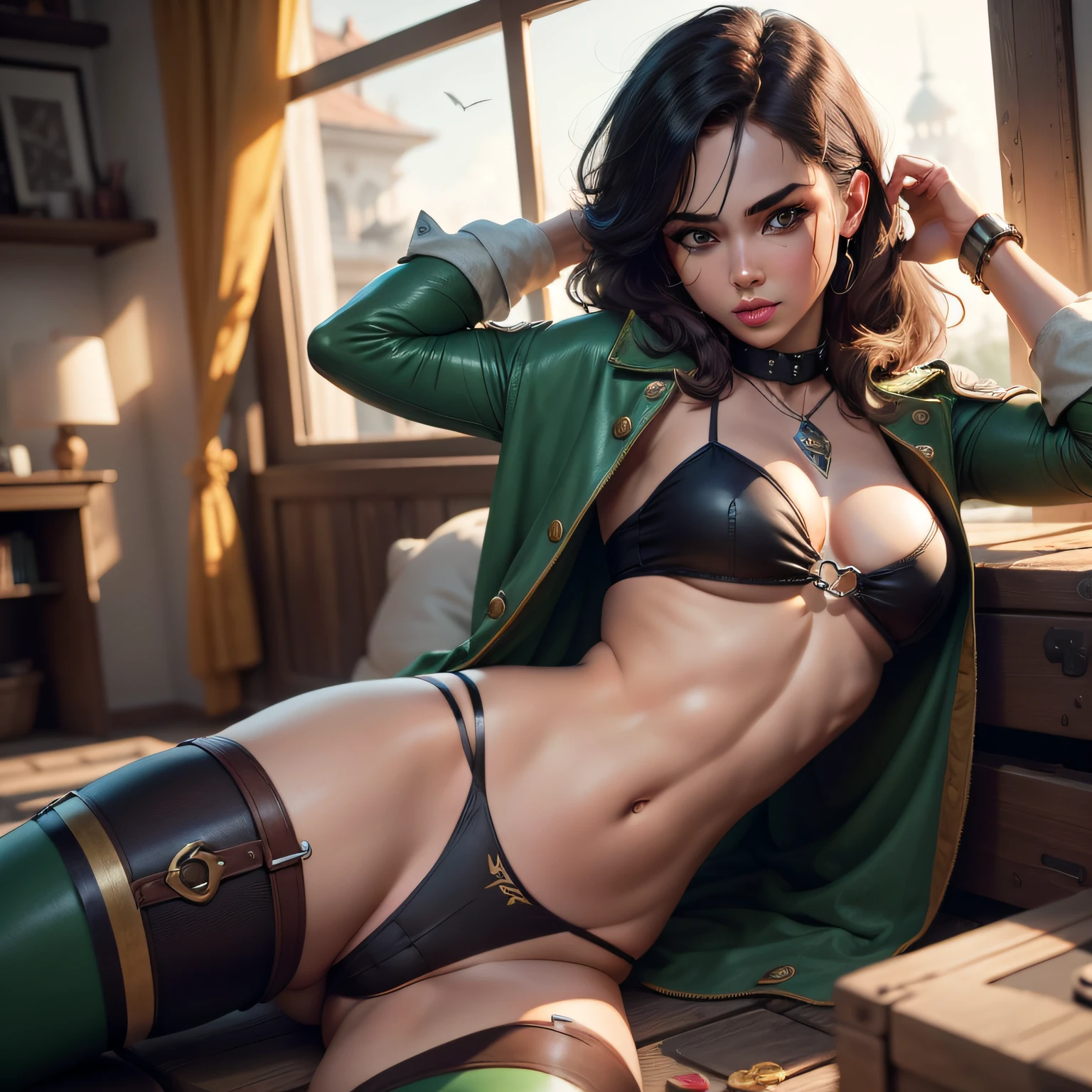 (8k,Fotos RAW,melhor qualidade,tmasterpiece:1.2),Ultra - Detalhado,Arte Oficial,realista:1.37,Artisticamente,Sexy enorme(5) , seios grandes, clivagem, pele branca, perna longa bonita, Motor Unreal 5, RTX , female version of CAPITÃO GANCHO (PETER PAN)