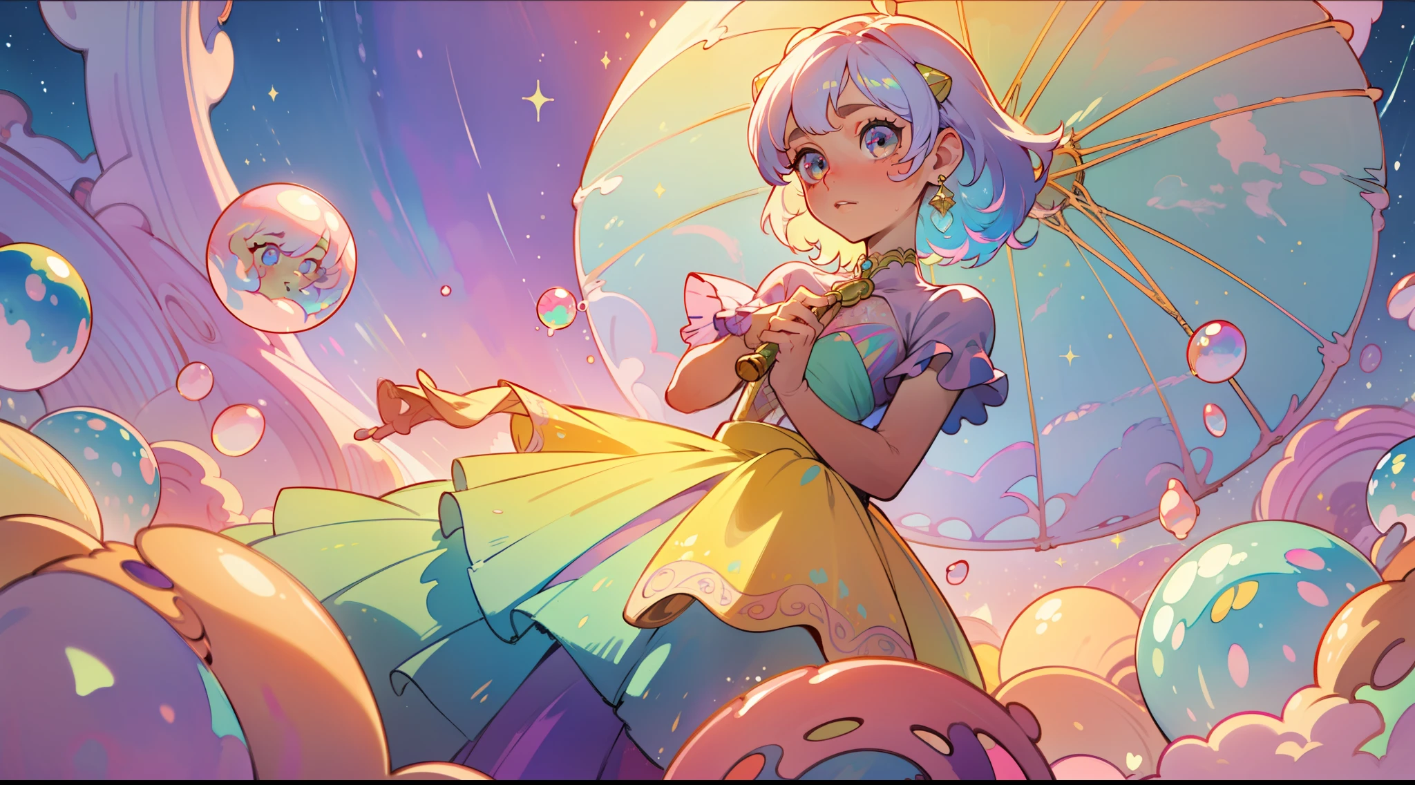masterpiece, best quality, 8k resolution, sharp focus, intricate detail, beautiful girl, sparkling eyes, golden ratio face, otherworldly liquid, watercolor, ((pastel colors)), bright colors, whimsical, colorful, sharp focus, high resolution, fine detail, intricately detailed layered ballgown, ((round eyes)), iridescent bubbles, castle landscape in background