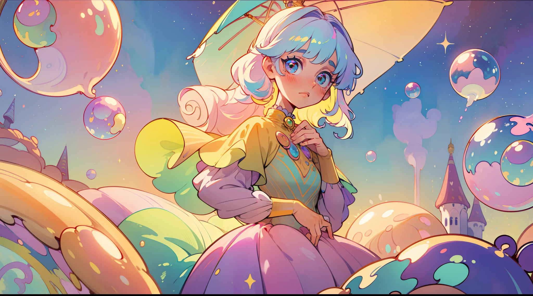 masterpiece, best quality, 8k resolution, sharp focus, intricate detail, beautiful girl, sparkling eyes, golden ratio face, otherworldly liquid, watercolor, ((pastel colors)), bright colors, whimsical, colorful, sharp focus, high resolution, fine detail, intricately detailed layered ballgown, ((round eyes)), iridescent bubbles, castle landscape in background