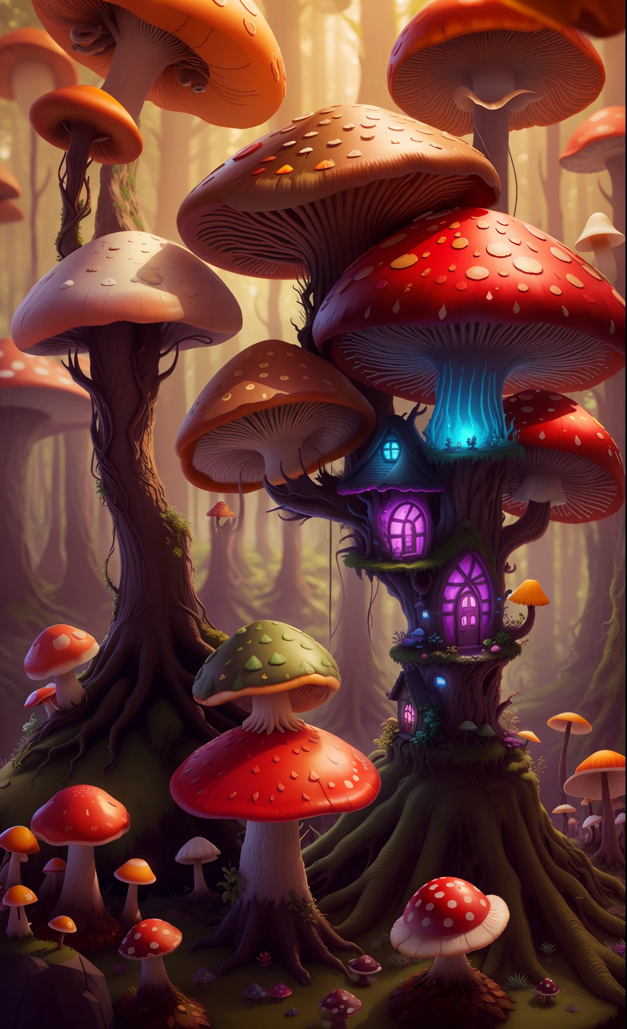 Close-up of a bunch of mushrooms in the forest, mushroom city, Mushroom forest, cyber mushroom city, mushroom house, forest made of mushrooms, mushroom trees, Stylized concept art, mushroom house, 3 d render stylized, Mushrooms are everywhere, Detailed digital 2D fantasy art, houses in the shape of mushrooms, magical fantasy 2 d concept art