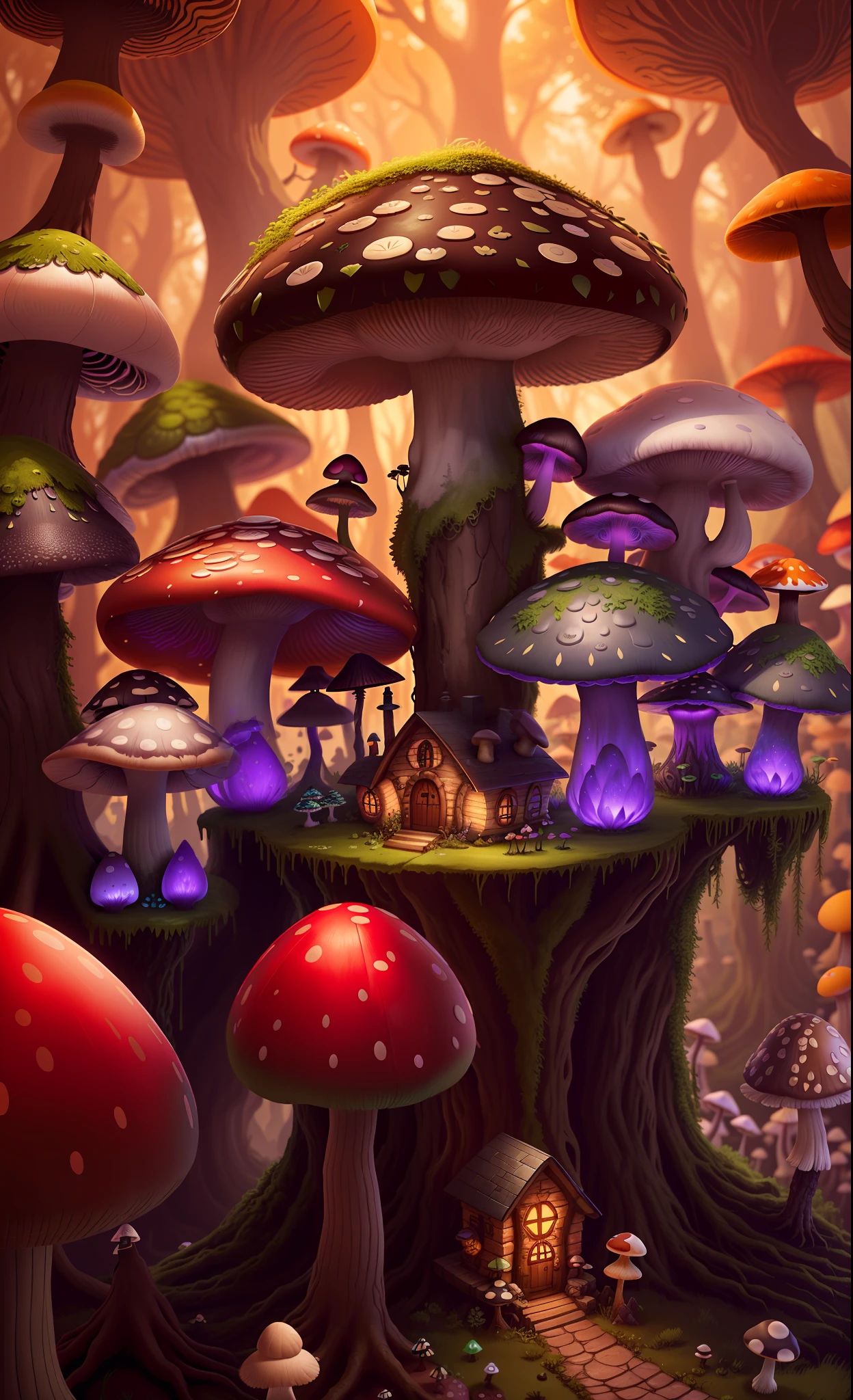 A close up of a mushroom house in a forest with many mushrooms - SeaArt AI