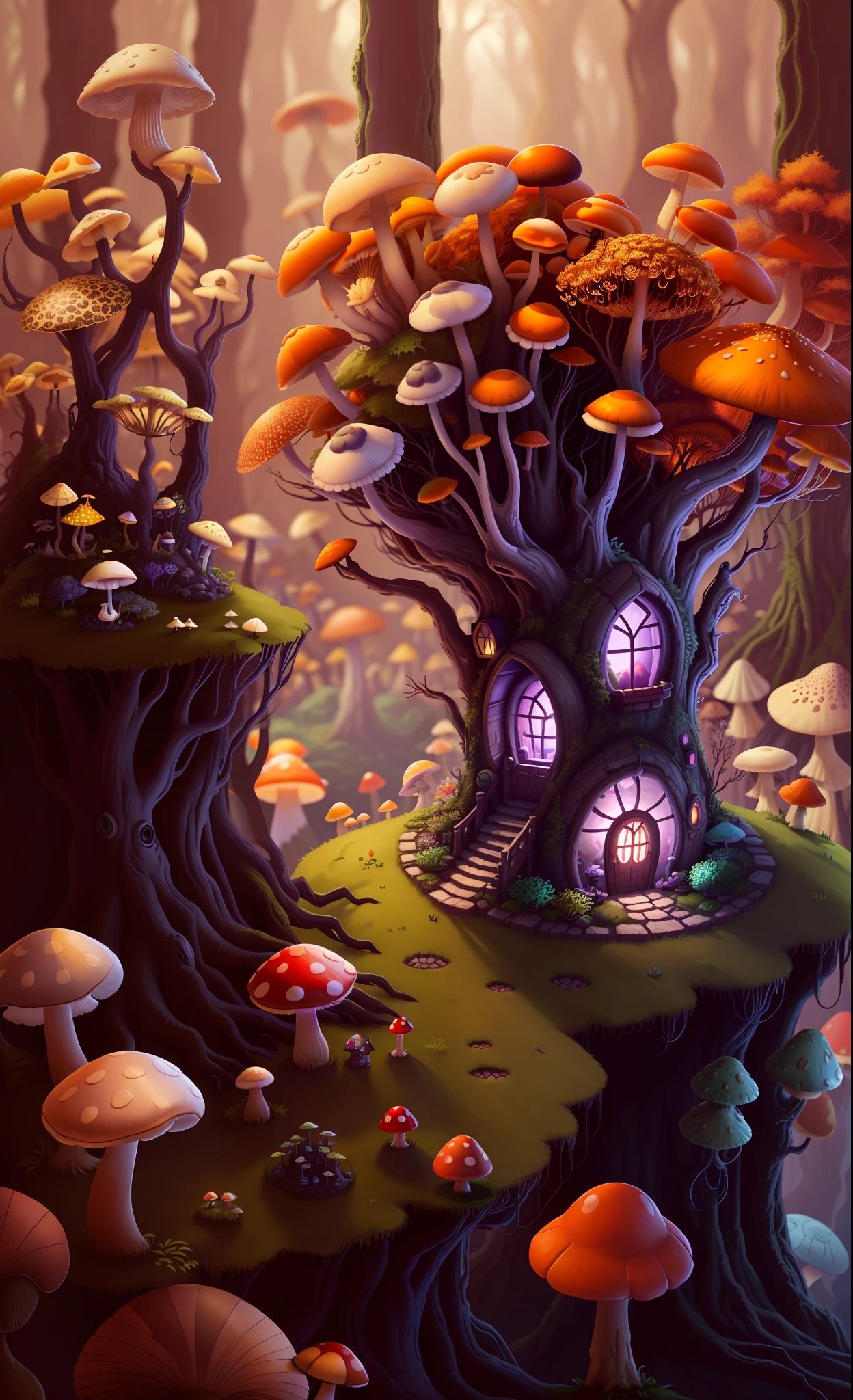 Close-up of a bunch of mushrooms in the forest, mushroom city, Mushroom forest, cyber mushroom city, mushroom house, forest made of mushrooms, mushroom trees, Stylized concept art, mushroom house, 3 d render stylized, Mushrooms are everywhere, Detailed digital 2D fantasy art, houses in the shape of mushrooms, magical fantasy 2 d concept art