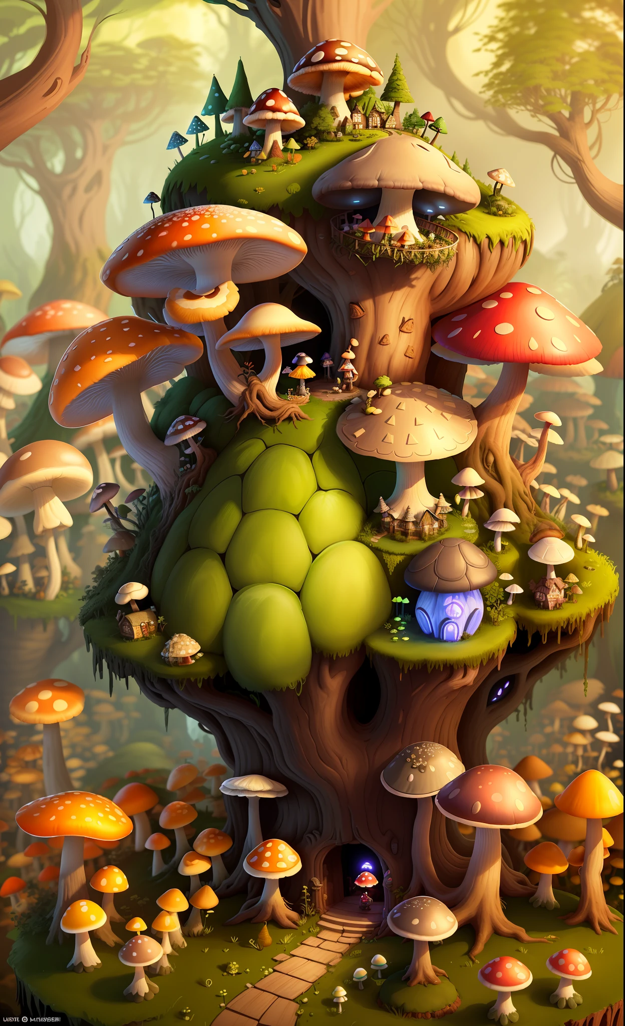 Close-up of a bunch of mushrooms in the forest, mushroom city, Mushroom forest, cyber mushroom city, mushroom house, forest made of mushrooms, mushroom trees, Stylized concept art, mushroom house, 3 d render stylized, Mushrooms are everywhere, Detailed digital 2D fantasy art, houses in the shape of mushrooms, magical fantasy 2 d concept art