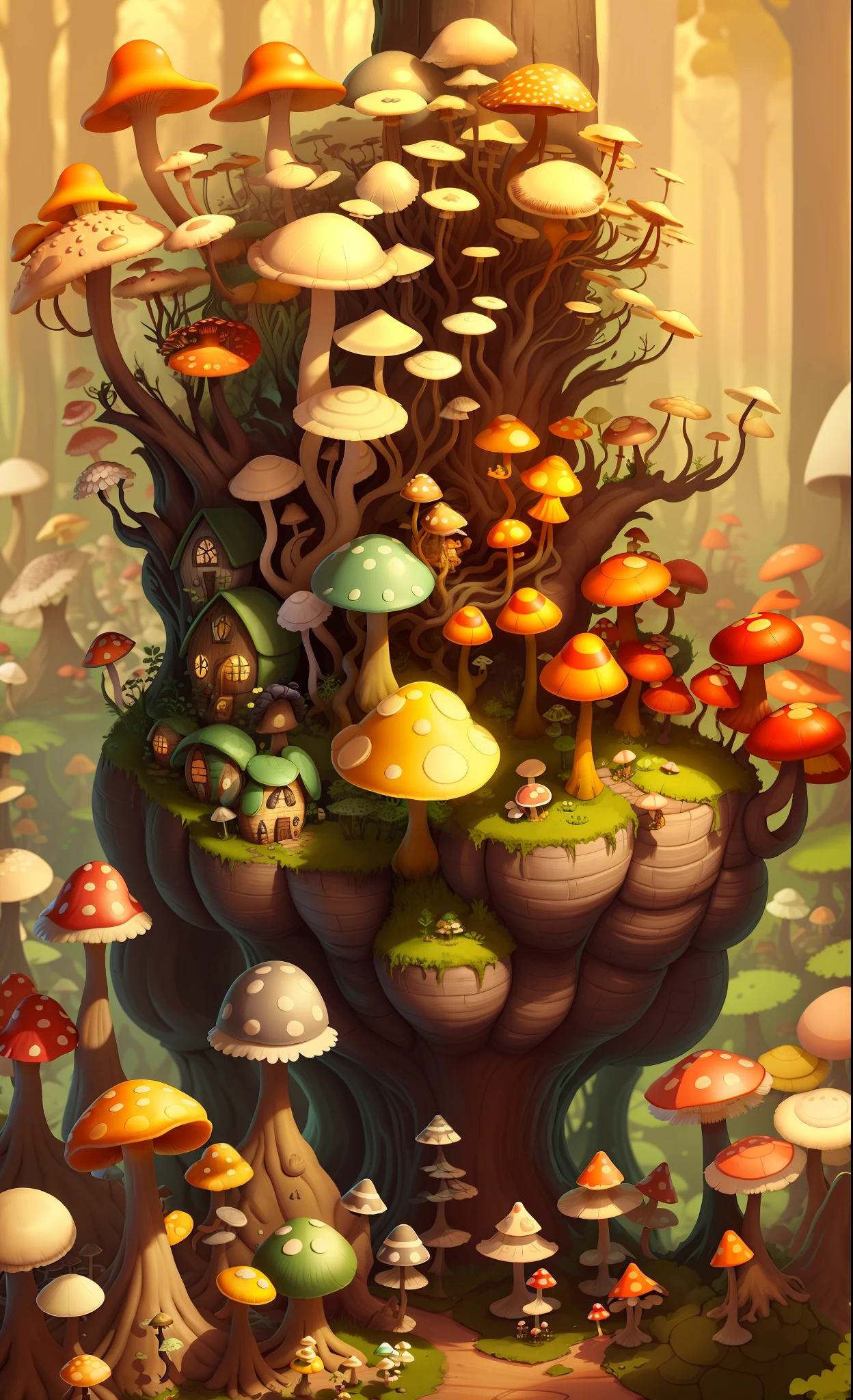 Close-up of a bunch of mushrooms in the forest, mushroom city, Mushroom forest, cyber mushroom city, mushroom house, forest made of mushrooms, mushroom trees, Stylized concept art, mushroom house, 3 d render stylized, Mushrooms are everywhere, Detailed digital 2D fantasy art, houses in the shape of mushrooms, magical fantasy 2 d concept art