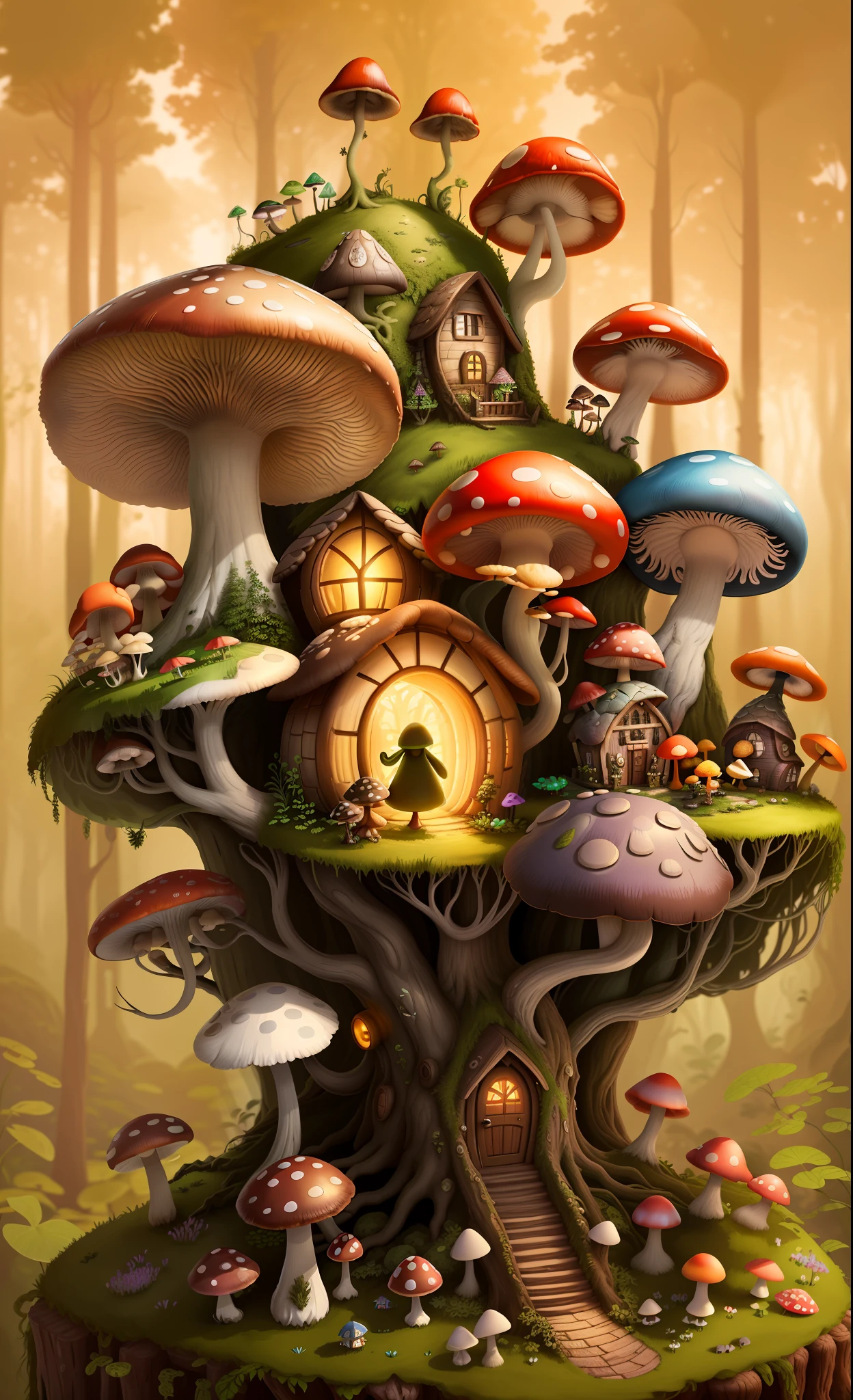 Close-up of a bunch of mushrooms in the forest, mushroom city, Mushroom forest, cyber mushroom city, mushroom house, forest made of mushrooms, mushroom trees, Stylized concept art, mushroom house, 3 d render stylized, Mushrooms are everywhere, Detailed digital 2D fantasy art, houses in the shape of mushrooms, magical fantasy 2 d concept art