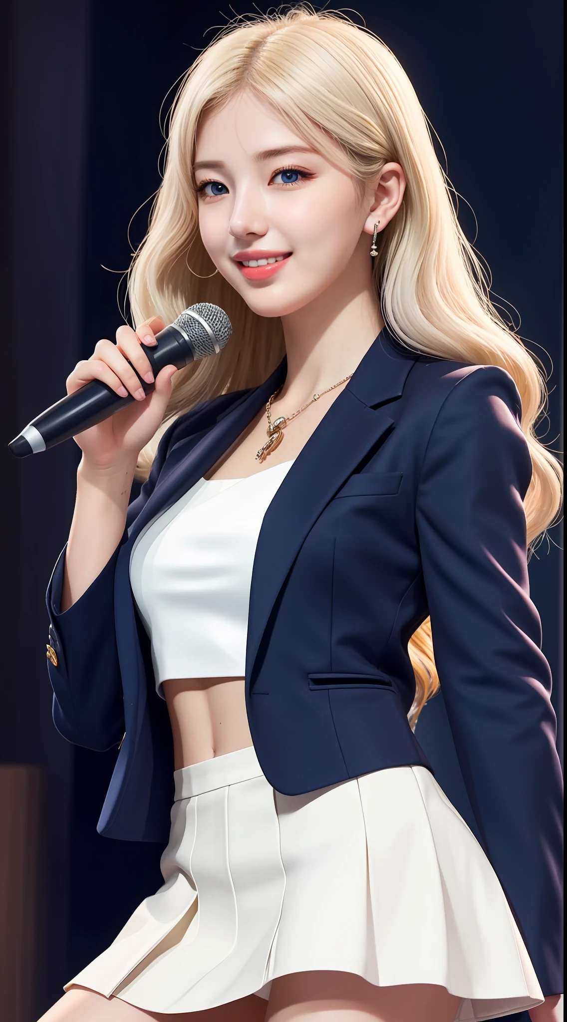 (hyperrealistic), (illustration), (high resolution), (8K), (extremely detailed), (best illustration), (beautiful detailed eyes), (best quality), (ultra-detailed), (masterpiece), (wallpaper), (detailed face), realistic skin, anatomically correct, solo, 1 girl, (wavy white hair:1.2), (beautiful Suzy:1.7), (beautiful cute JAV Idol:1.7), heterochromic eyes, (detailed blue eyes), small moles under the eyes, (light smile:1.1), (big breasts:1.2), navy formal blazer, white shirt, black mini skirt, long legs, tight abs, dynamic pose,
