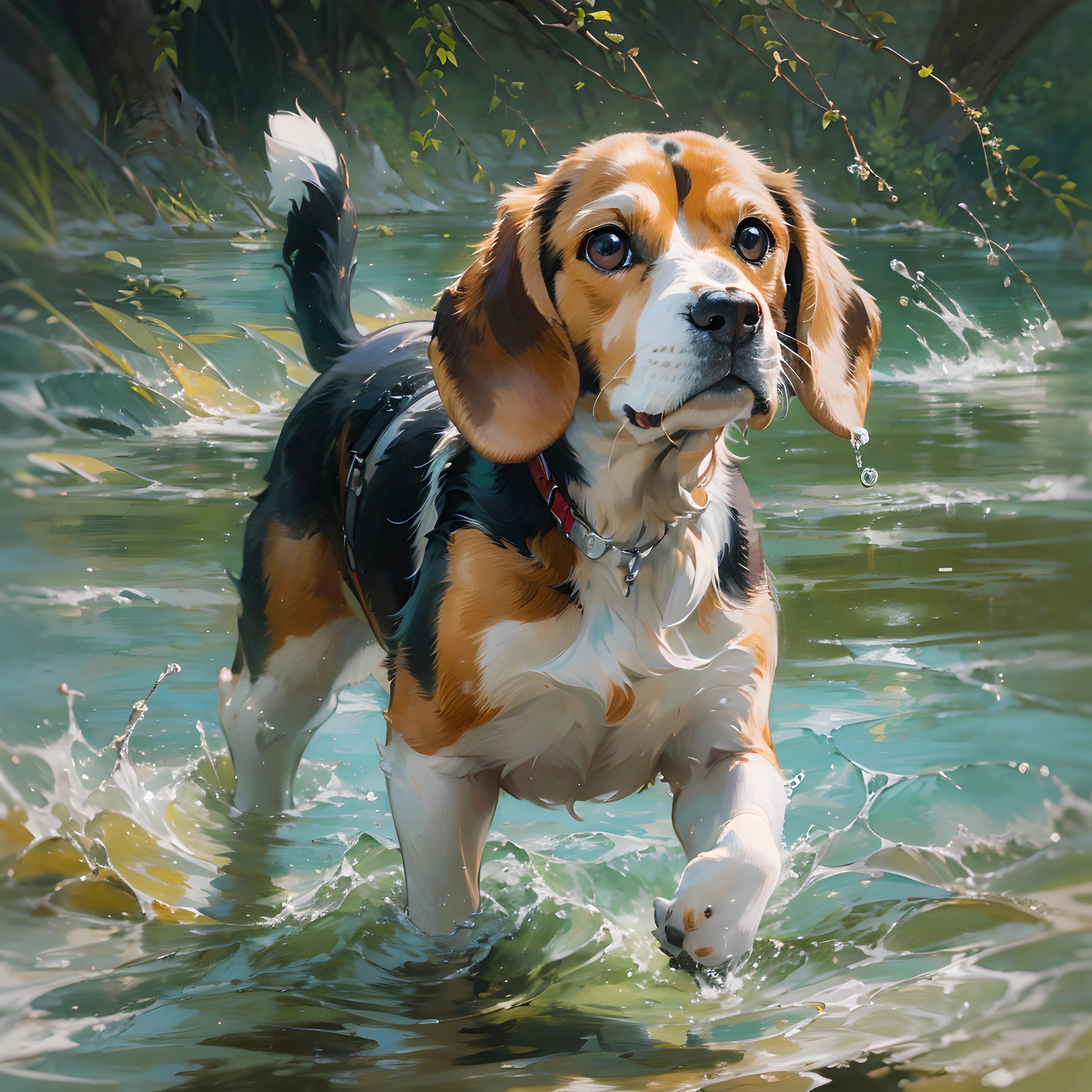 Beagle, Masterpiece, super detaill, cute expression, Cool pose, ultra-definition, Very high quality, oil painting, The ultra-Highres, 8k, Sharp focus, precisely anatomy, art, Crisp background, water painting, sole, Creative