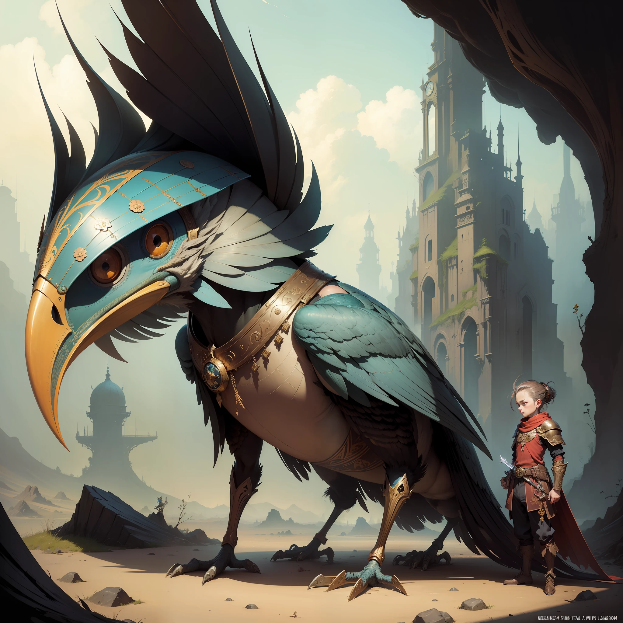 (masterpiece:1.2), original, masterpiece, best quality, official art, painting of a bird with a sword and armor on a branch, style of greg simkins, benjamin lacombe, inspired by Brian Despain, shaun tan and peter mohrbacher, andrews esao artstyle, !!!esao andrews!!!, esao andrews : : ornate, 4 k detail fantasy, highly detailed surrealist art, by Galen Dara, lan mcque