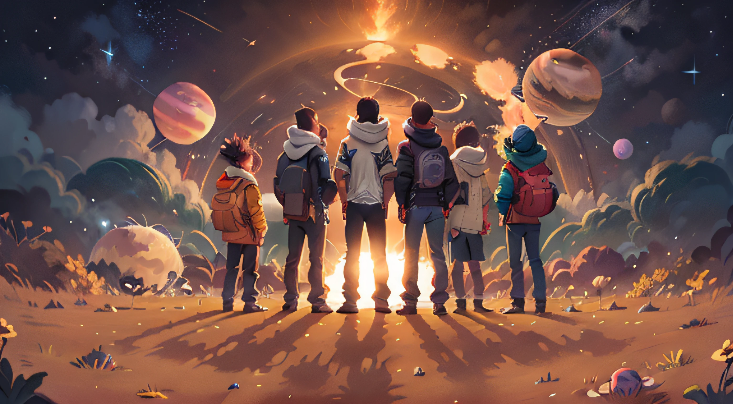 silhouettes of 4 adult guys looking at the galaxy with a lot of planets