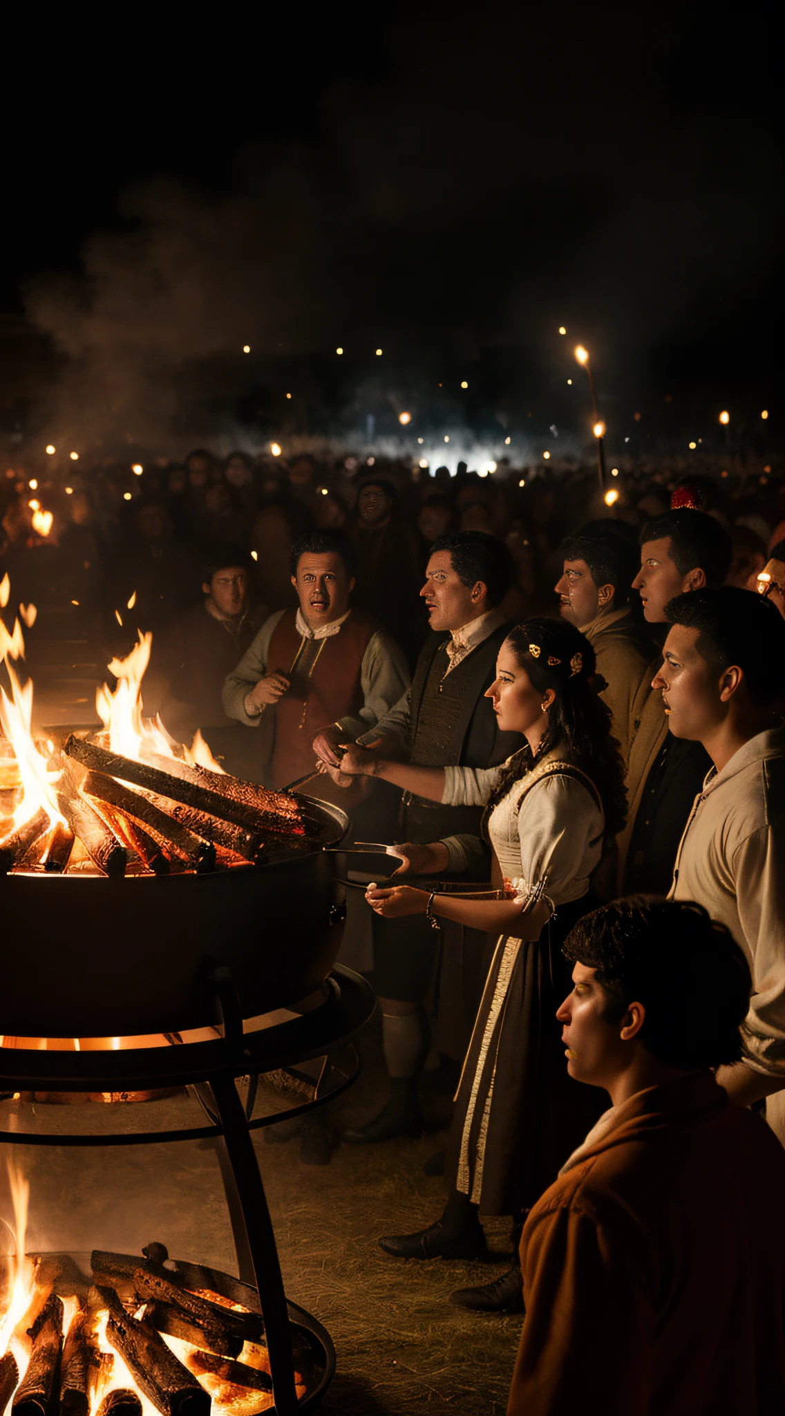 {A detailed portrayal of a small mob of angry people engaged in a barbecue, an event signifying the era of 1672.}, Realistic Style influenced by Greg Rutkowski, Canon EF 35mm Lens, Full Body Shot, (Hyperrealistic Details:1.16), (Soft Light:0.9), (4K Resolution:1.25), (Angry Mob:1.14)