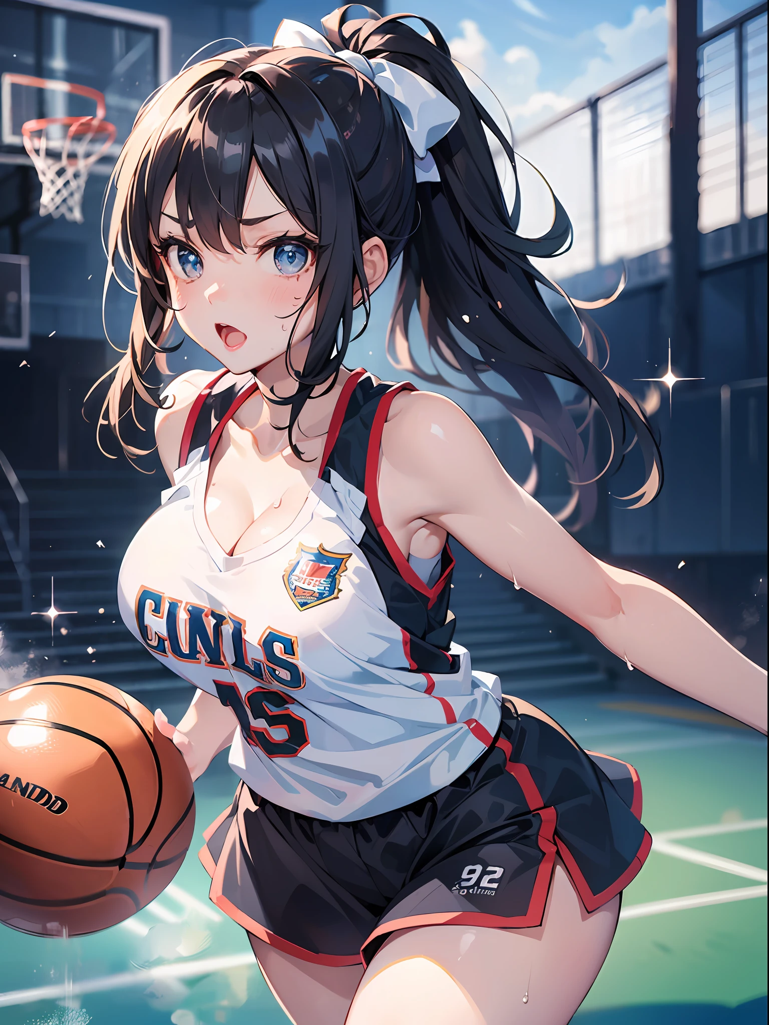 (masterpiece:1.4), ((Best Quality)), (Ultra-detailed), ((kawaii)), (Cute), (lovely), ((Sexy)), (Ero), ((Extremely detailed)), 4K, (8K), Best Quality, (Beautiful), Illustration, Anime style, Painting, Dynamic Angle, Cowboy Shot, shooting pose, have one's chest shake, (from wildcard:1.4), heavy outline, clear outlines, Gradation, (full body focus), (basketball court), Cute ,1girl, Basketball uniforms, Solo, Beautiful random colored eyes, ((Beautiful eyes)), Slightly wheat-colored skin, ponytail, 1 Basketball, (gigantic and massive tits), (serious face), open mouth, sweat, steam, sparkling effect, Lens Flare, shiny-glistening, gleaming