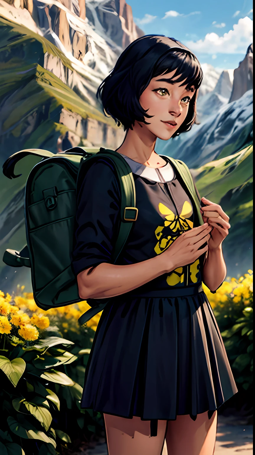 Tip: A very charming OpalTLOK with a backpack and her cute puppy enjoying a lovely spring outing surrounded by beautiful yellow flowers and nature. The illustration is a high-definition illustration in 4k resolution, featuring highly detailed facial features and cartoon-style visuals.