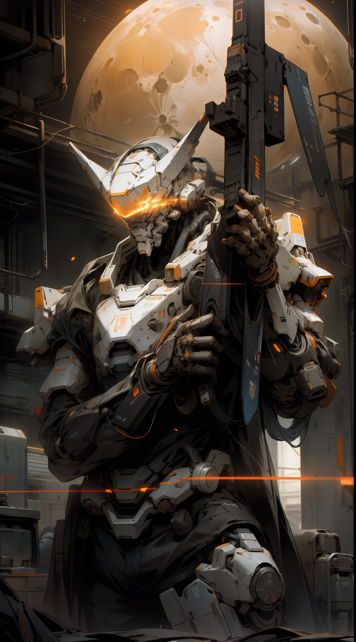 On the moon,barren planets, ruins, holding_weapon, no_humans, glowing, robot, building, glowing_eyes,orange mecha, science_fiction, realistic,mecha,Milky Way Galaxy background,neon,cyberpunk,
