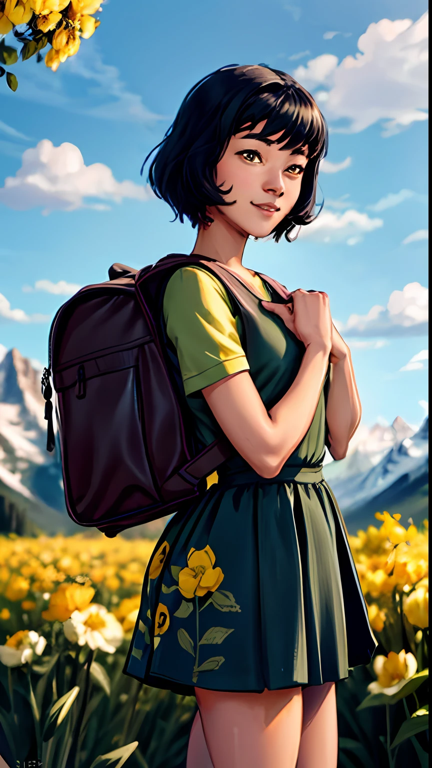 Tip: A very charming OpalTLOK with a backpack and her cute puppy enjoying a lovely spring outing surrounded by beautiful yellow flowers and nature. The illustration is a high-definition illustration in 4k resolution, featuring highly detailed facial features and cartoon-style visuals.