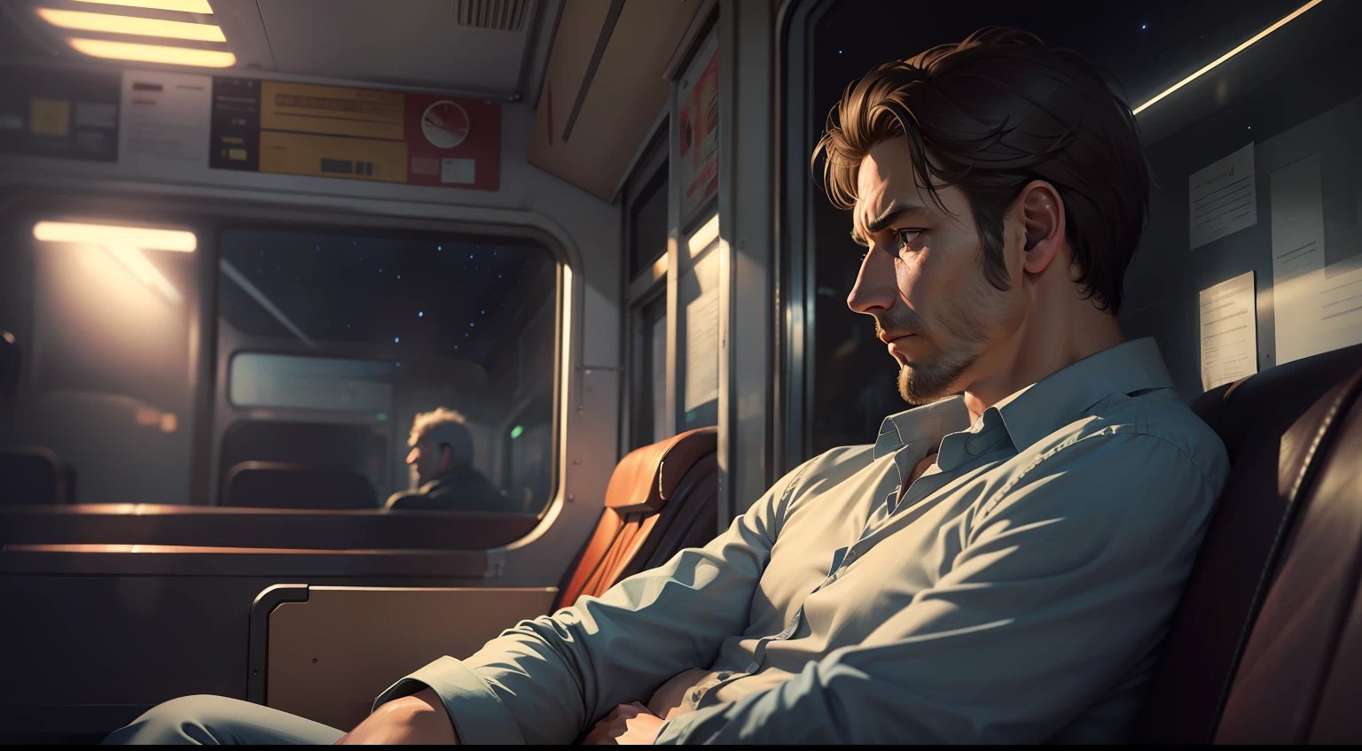 drawing, ultra realistic, 8k, extremely detailed, high quality, man looking sad, worried, tired face, sitting on a bus seat, night, natural light image, night, stars, ultra realistic image, realistic texture, extremely detailed, texture realistic, high quality