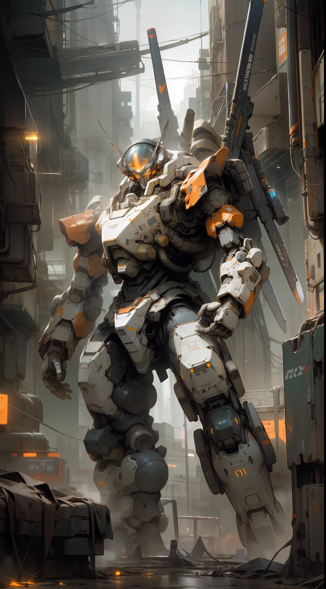 On the moon,barren planets, ruins, holding_weapon, no_humans, glowing, robot, building, glowing_eyes,orange mecha, science_fiction, city, realistic,mecha,Milky Way Galaxy background,neon,cyberpunk,