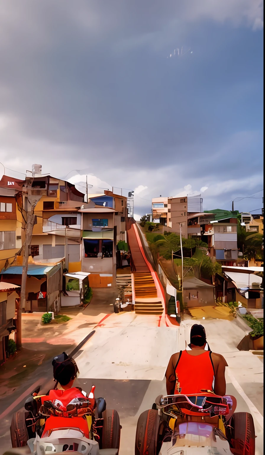 There are two people riding an ATV down a street, vista para a rua, Location ( favela ), Vista de rua do Google Maps, Google Street View, Location ( favela _ PAREDE ), encontrado no Google Street View, filmic tonemapping, foto realista de uma cidade, 3 6 0 imagem, ground level view of soviet town, favela futurista, vista para a rua, street level view