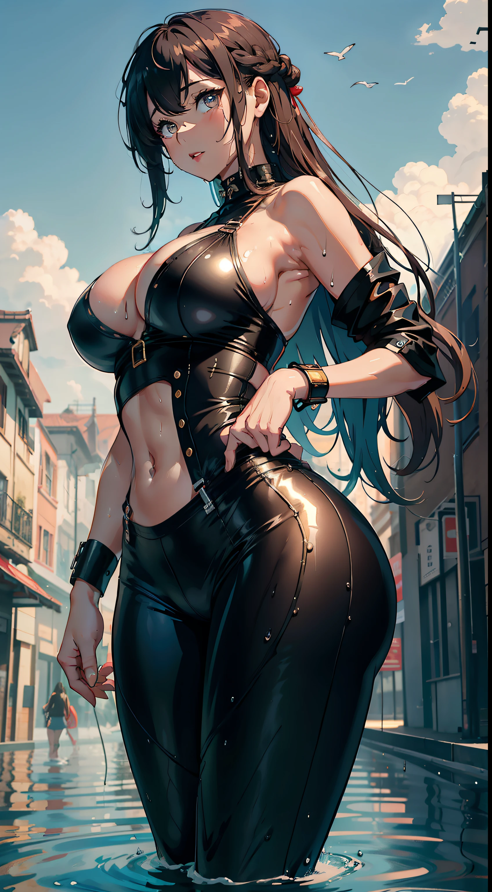 1girll,Huge breasts,, 独奏, hair adornments, She's wet, ,A defiant expression,, Skysky,the night, brunette color hair,camouflage pants,White corset, She has long flowing hair, exposed bare shoulders, standing on your feet,city road,Bigchest, wetclothes, From the front side, hair straight, mostly cloudy sky, Wet hair (((tmasterpiece),(Very detailed CG unity 8K wallpaper),best qualtiy,,独奏,1girll,cinmatic lighting,detailed back ground,beatiful detailed eyes,Bright pupils,(Very fine and beautiful),(Beautiful and detailed eye description),ultra - detailed,tmasterpiece,)),facing at camera,Protruding underparts,Camel toes,absurderes,A high resolution,ultra - detailed),she is soaking wet,1girll,独奏,mature,(Very long hair,brunette color hair)Emotive expressions,Open-mouthed,Pussy bulge,Camel toes,Protruding ,extremely large bosom,Raised sexy,Colorful,Most detailed,exteriors,fully body photo,The face is well lit,skinny pants