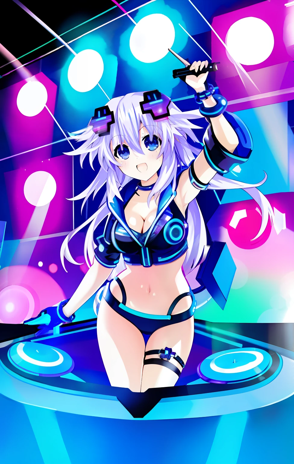 A solo shot featuring neptune non cpu a DJ, showcasing her skills on the turntables at a vibrant rave.