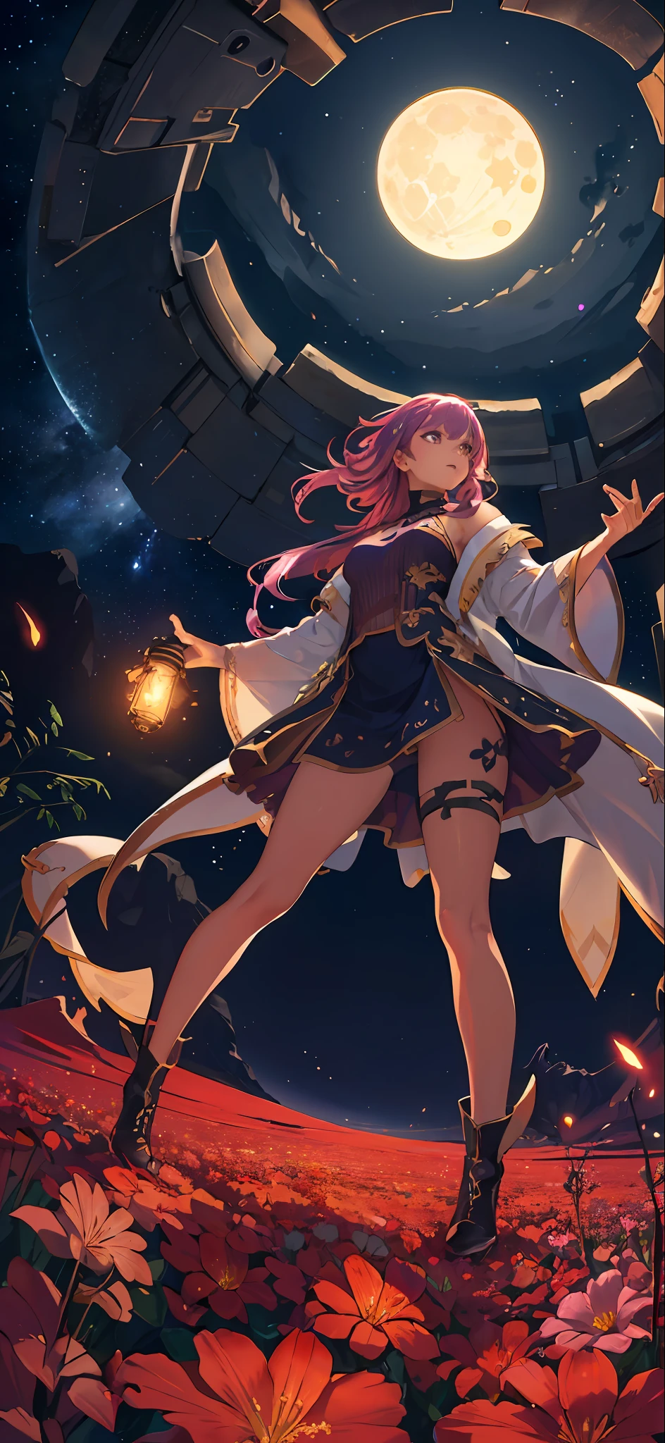 expansive landscape photograph , (a view from below that shows sky above and open field below), a girl standing on flower field looking up, (full moon:1.2), ( shooting stars:0.9), (nebula:1.3), distant mountain, tree BREAK
production art, (warm light source:1.2), (Firefly:1.2), lamp, lot of purple and orange, intricate details, volumetric lighting BREAK
(masterpiece:1.2), (best quality), 4k, ultra-detailed, (dynamic composition:1.4), highly detailed, colorful details,( iridescent colors:1.2), (glowing lighting, atmospheric lighting), dreamy, magical, (solo:1.2)
