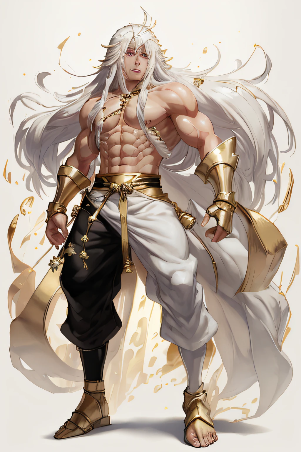 "Best quality, masterpiece, 1 boy with long white hair, white eyes, smug face, fangs, shirtless showing his muscles, adorned with a gold gauntlet and baggy karate pants, walking pose, with an abstract background."