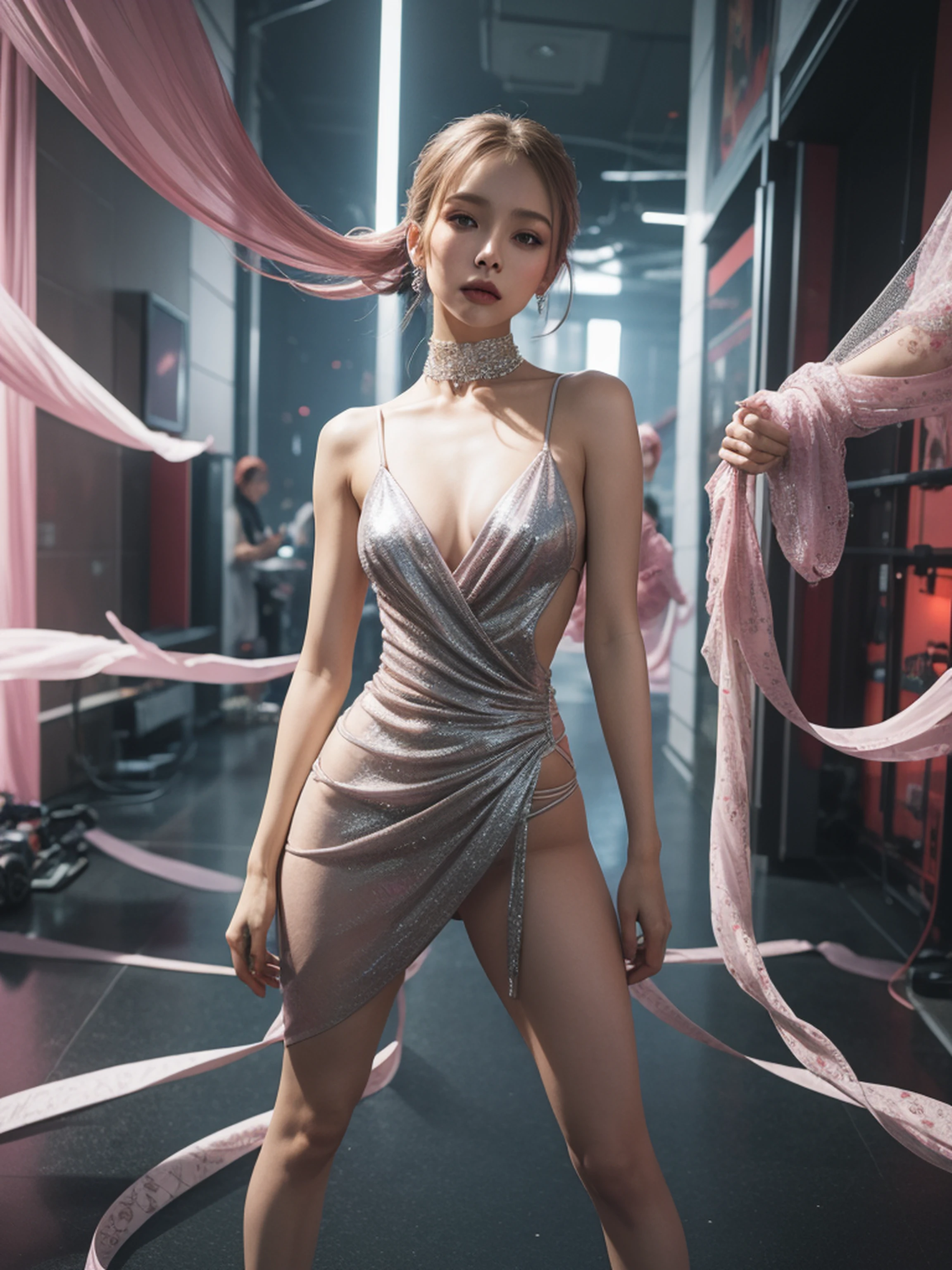 wearing a futuristic elegant dress in glossy silver
