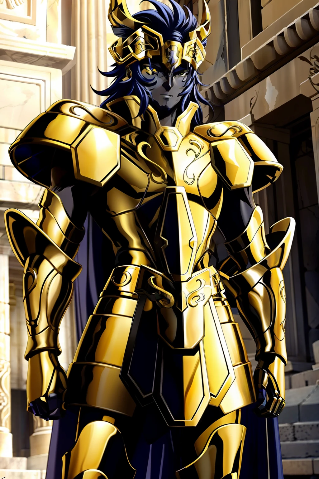 1Grid black man with golden bull armor of the Knights of the Zodiac in the Ruido Temple of Rome