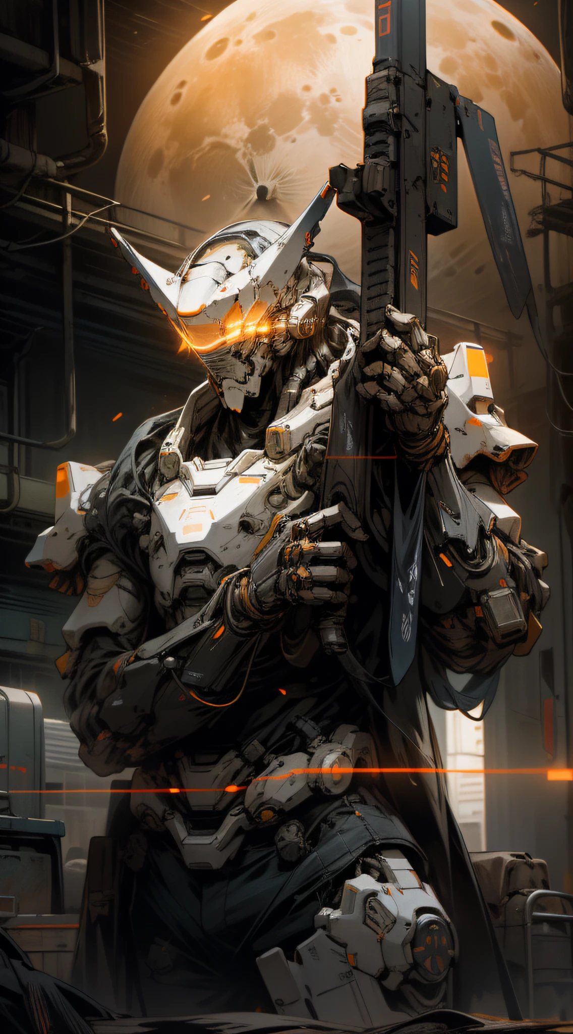 On the moon,barren planets, ruins, holding_weapon, no_humans, glowing, robot, building, glowing_eyes,orange mecha, science_fiction,  realistic,mecha,Milky Way Galaxy background,neon,cyberpunk,