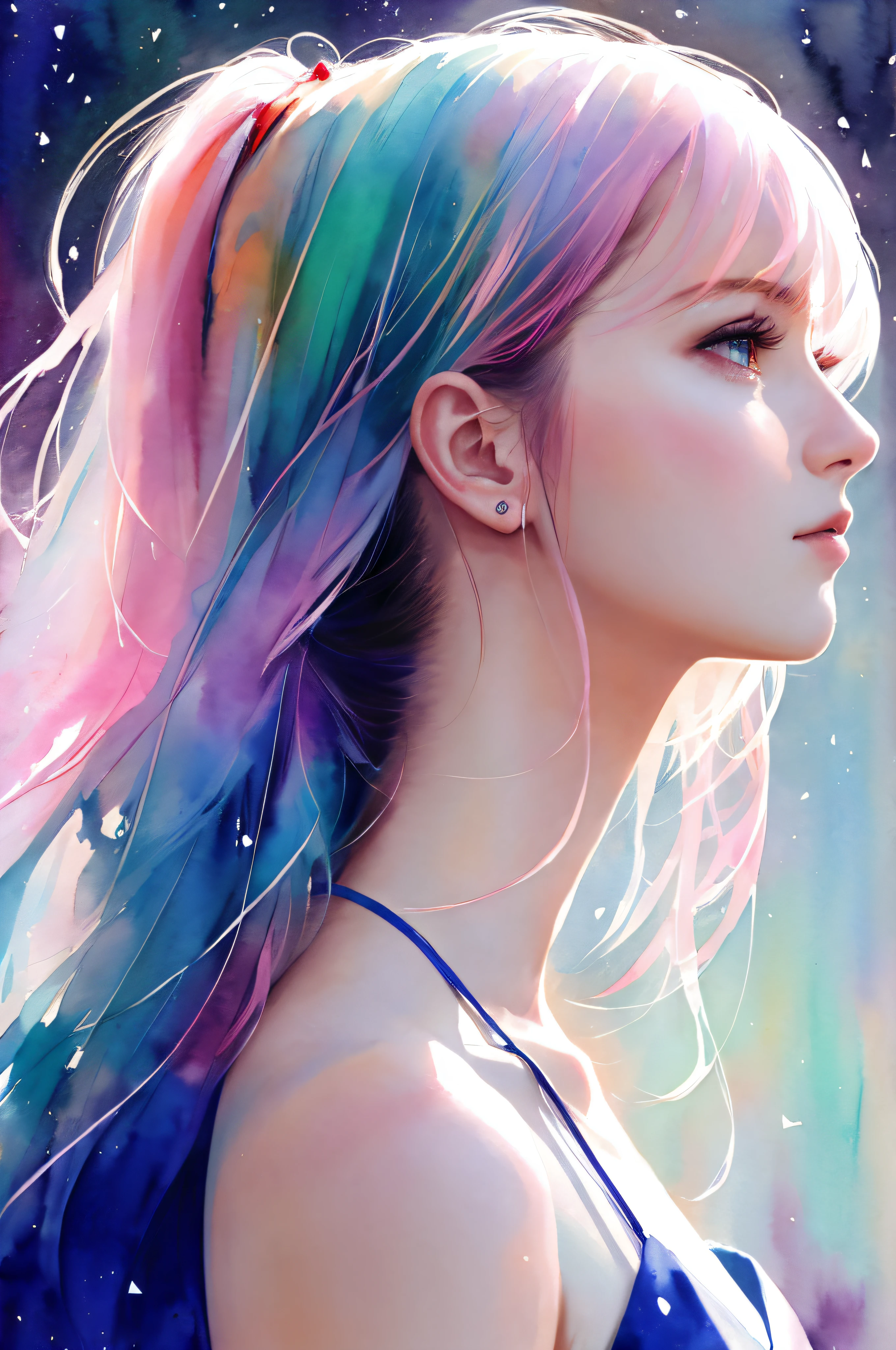 (8k, best quality, masterpiece:1.2),(best quality:1.0), (ultra highres:1.0), watercolor, a beautiful woman, shoulder, hair ribbons, by agnes cecile, half body portrait, extremely luminous bright design, pastel colors, (ink:1.3), autumn lights,