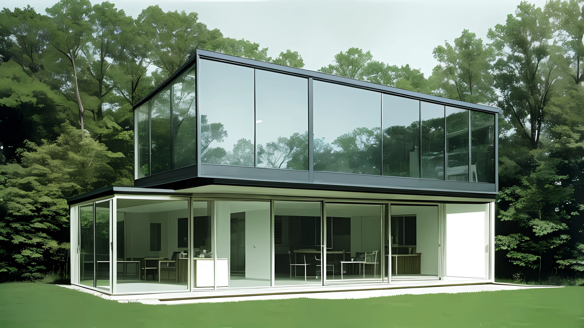 Ludwig Mies van der Rohe, house with glass and mirrors and grid columns, light and modern and transcendent, photographed by Ezra Stoller, color photography --auto --s2