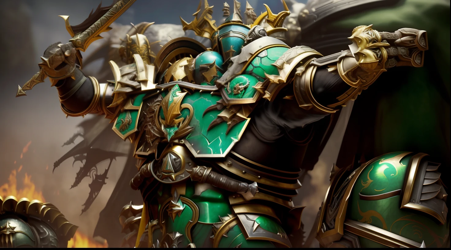 um homem grande com pele negra, vestido com enorme armadura de poder, The armor is green in color adorned on the shoulder with a dragon skull and a dragon skull on the breastplate,Pay attention to details, Detalhes altos, super realistic, fotografia, 8k (is the primarch vulkan of Warhammer40k:1.3)