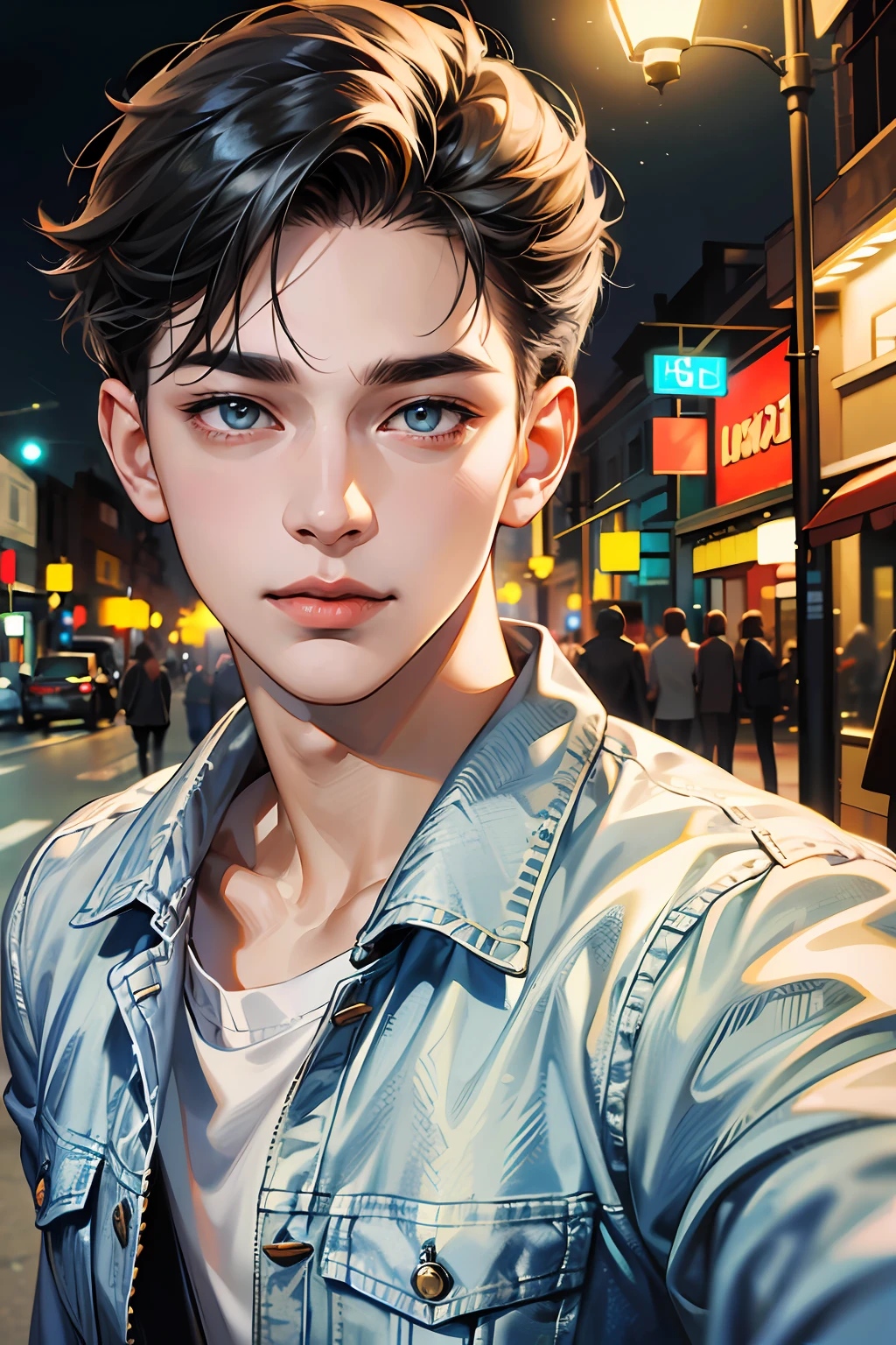 (absurdres, highres, ultra detailed, HDR), masterpiece, best quality, 1boy, handsome, short hair, finely eye and detailed face, (white t-shirt), (jean jacket), dimple, forehead, night street, night city, midnight, selfie shot, light smile