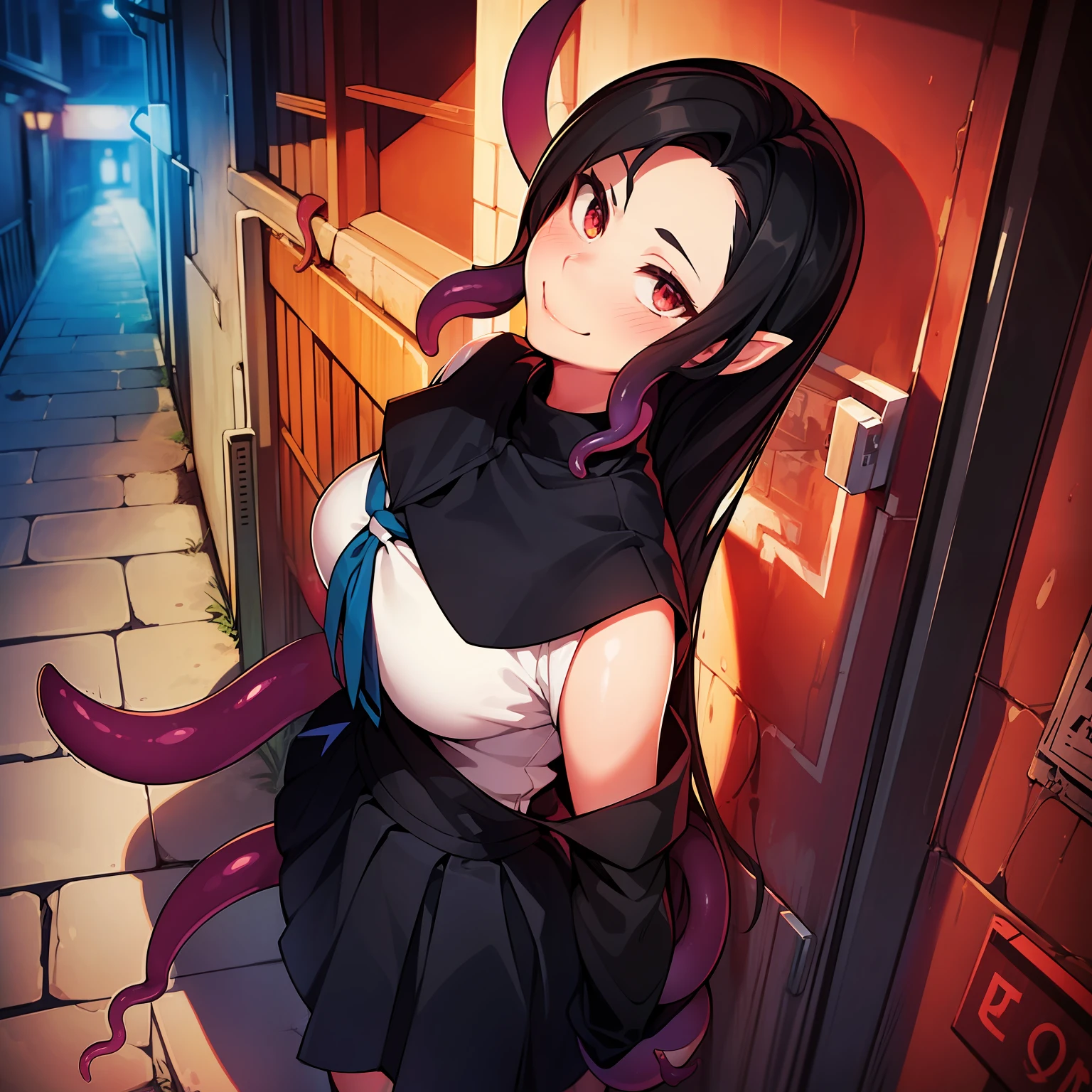 ((Girl fused with tentacles. Tentacles from the skirt)). School uniform. Black costume. A dark-haired. The long-haired. Cropped bangs. natta.two eyes sticking out of the head,,. Peek out from overhead creatures with large mouths. Invincible smile. Short skirt. natta. Back alley