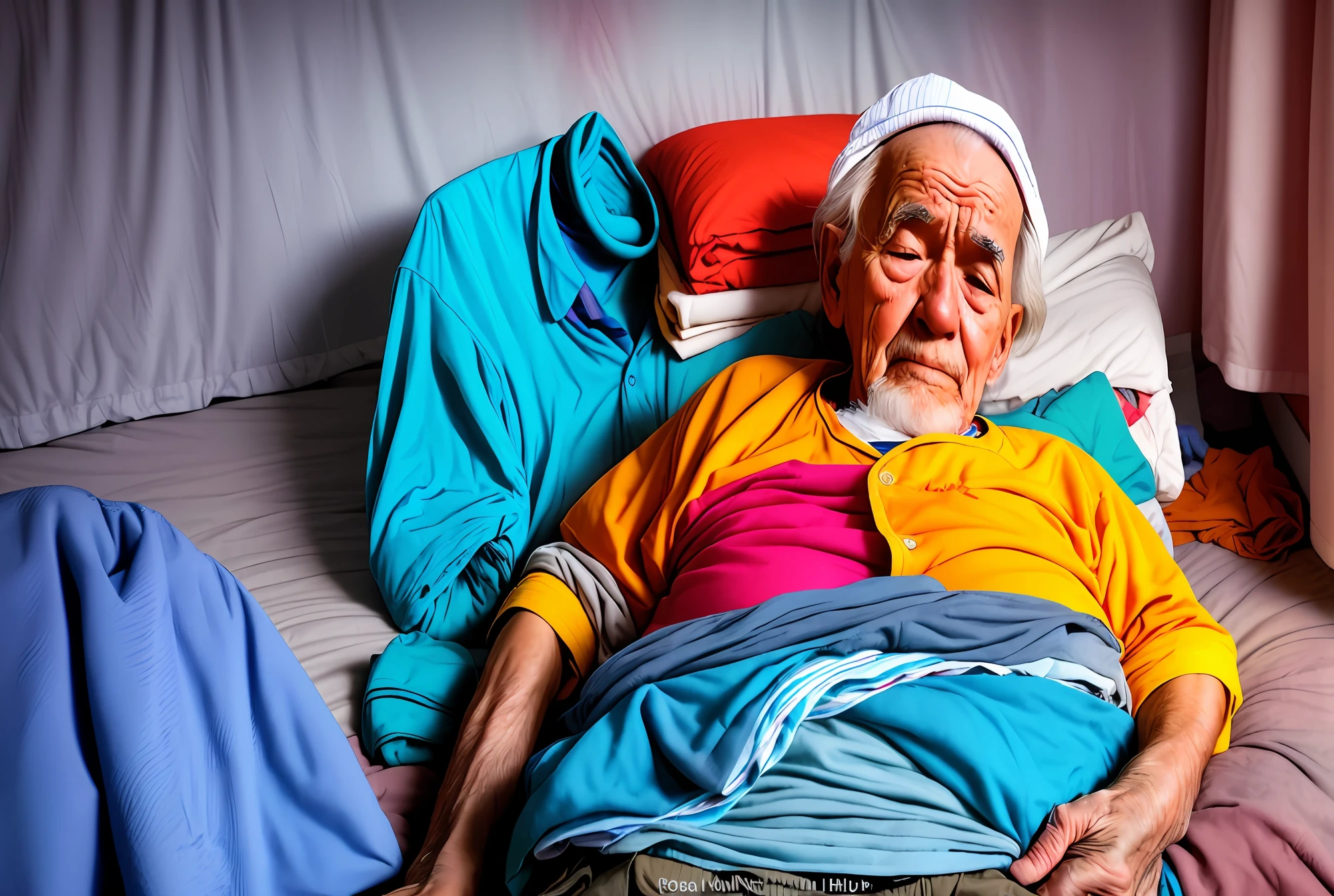 old man lying on a bed, old clothes, suffering, sad face, dirty clothes, colorful background. 4k image, high resolution, detailed.image 8k, Alta esolução, muito detalhada.