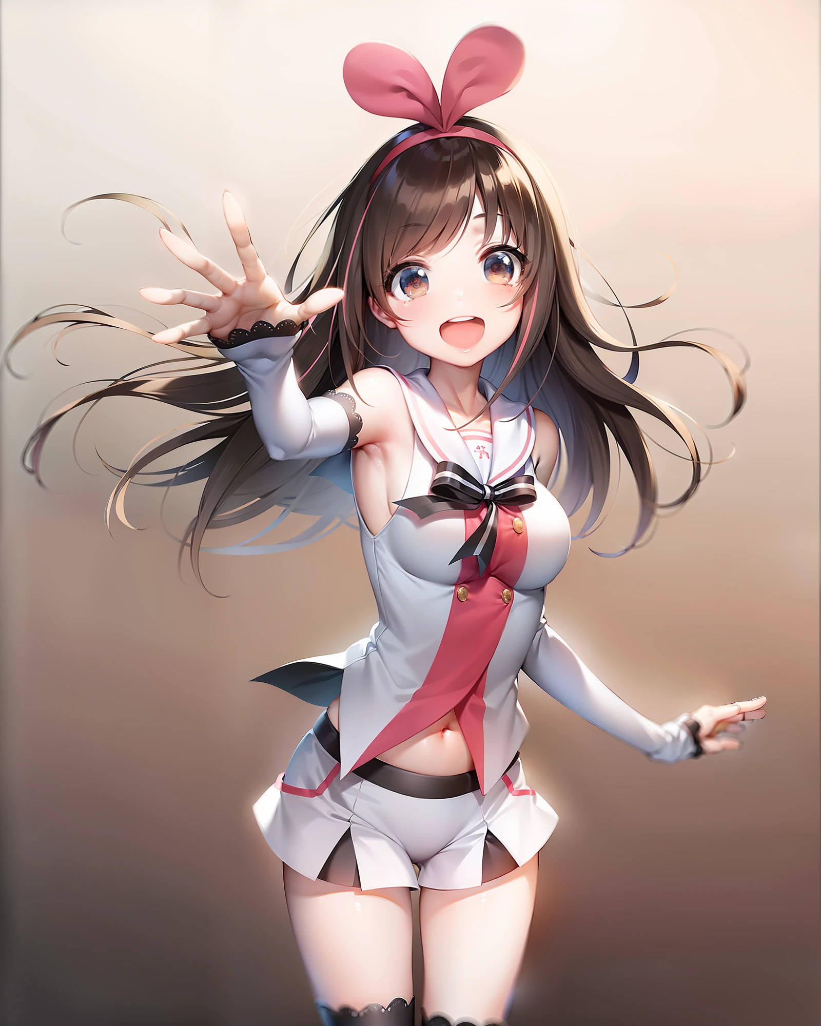 Make a masterpiece of kizuna ai, com o umbigo exposto, coxas macias, barriga de fora, seios enormes, sorrindo, em uma cidade.