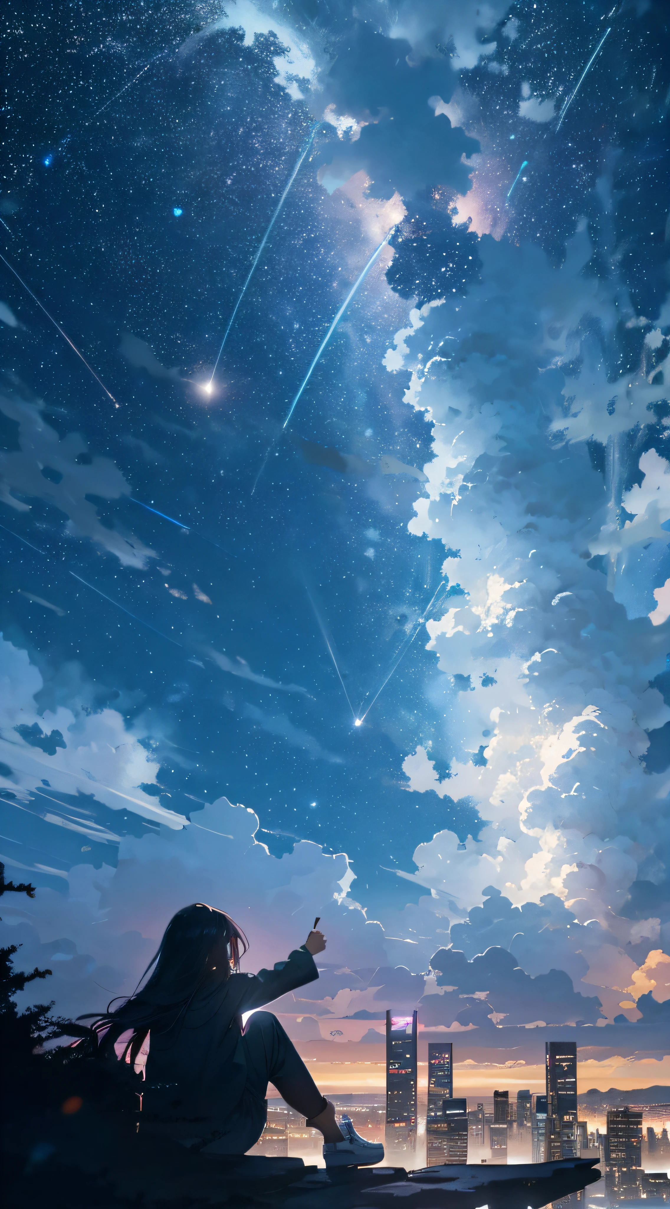 octans, sky, star (sky), scenery, starry sky, night, 1girl, night sky, solo, outdoors, building, cloud, milky way, sitting, tree, long hair, city, silhouette, cityscape --auto --s2