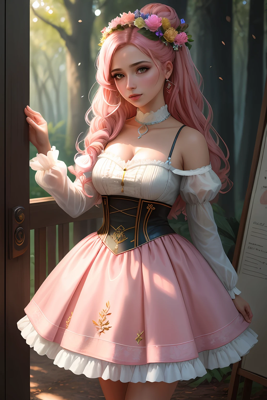 obra-prima, melhor qualidade, alta qualidade, papel de parede 8k extremamente detalhado da unidade CG, uma cena encantadora e sonhadora de uma floresta de fantasia, with tall trees, cogumelos brilhantes e vales de fadas ocultos, 1Menina vestida de barbie rosa, creating a sense of mystique and enchantment, Artistic Station, digital illustation, intrincado, trend, pastels colors, oil-painting, fotografia premiada, Bokeh, profundidade de campo, HDR, flor, chromatic aberration, fotorrealista, extremamente detalhado, trending on ArtStation, trend at CGSociety, intrincado, alto detalhe, Dramatic, arte no meio da jornada